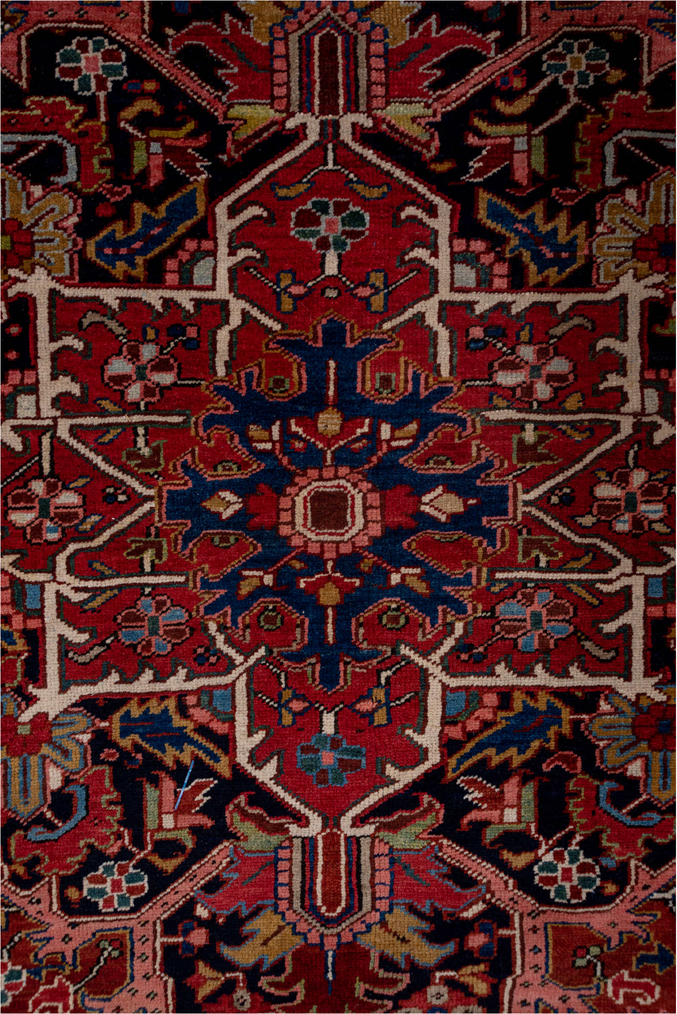 8' x 12' one-of-a-kind handmade vintage Heriz large size rug. Color palette: brown, red, gray, pink, blue, dim gray, redwood