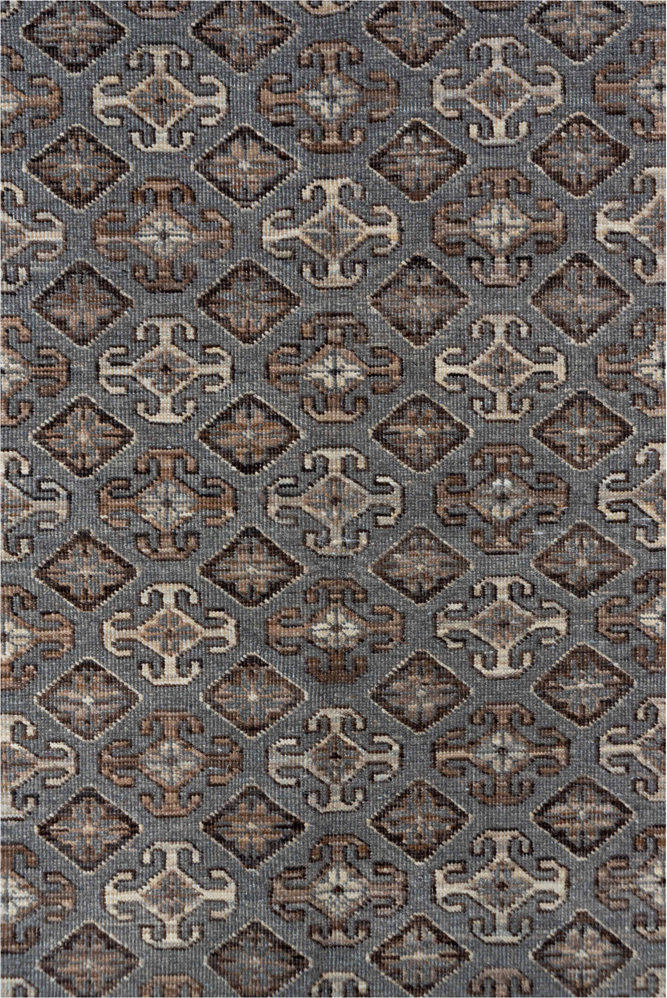 4' x 6' one-of-a-kind handmade vintage Khotan small size rug. Color palette: brown, dark gray, gray, light gray, off-white