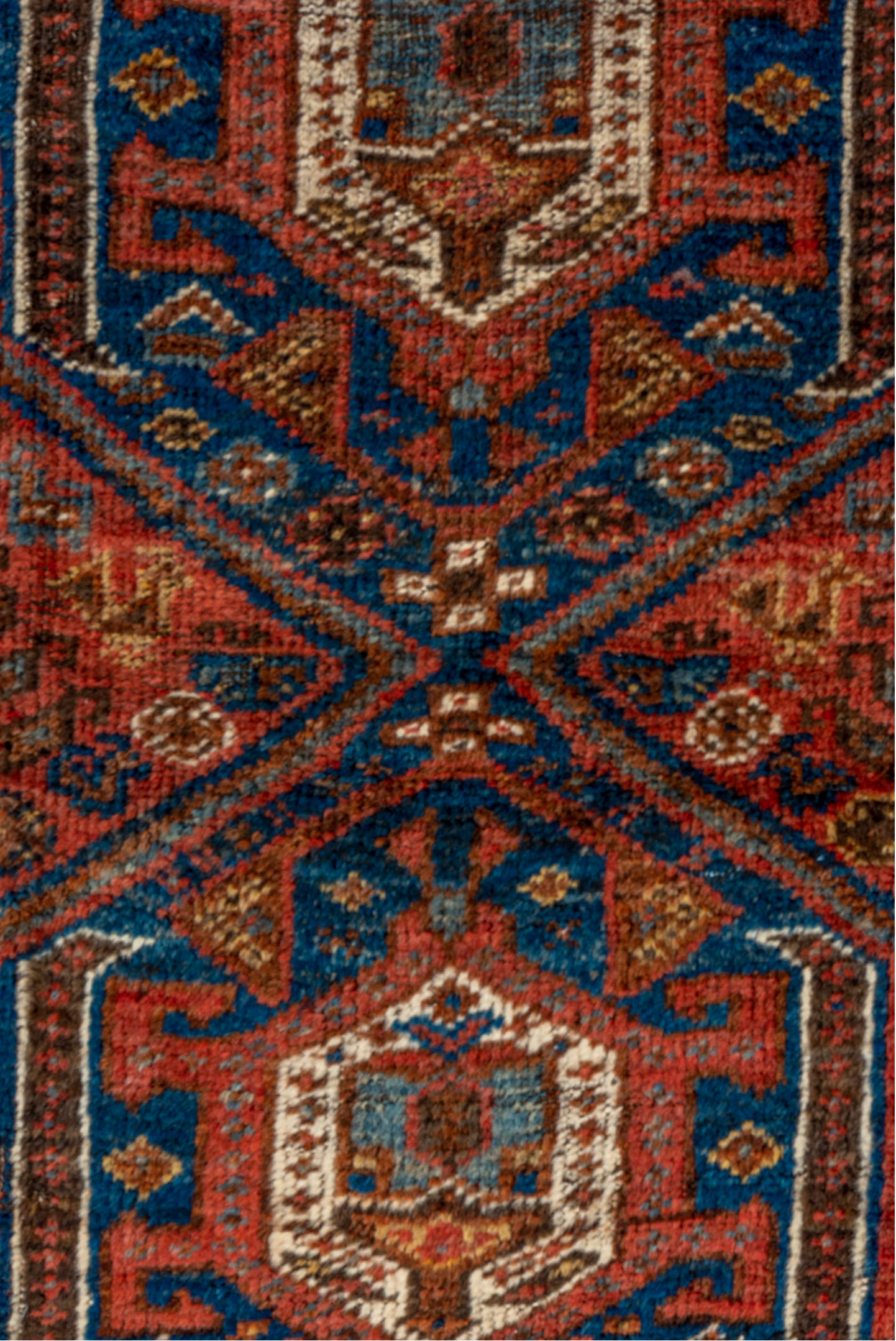 3' x 4' one-of-a-kind handmade vintage Shiraz small size rug. Color palette: gray, red, brown, pink, blue, off-white, fiord