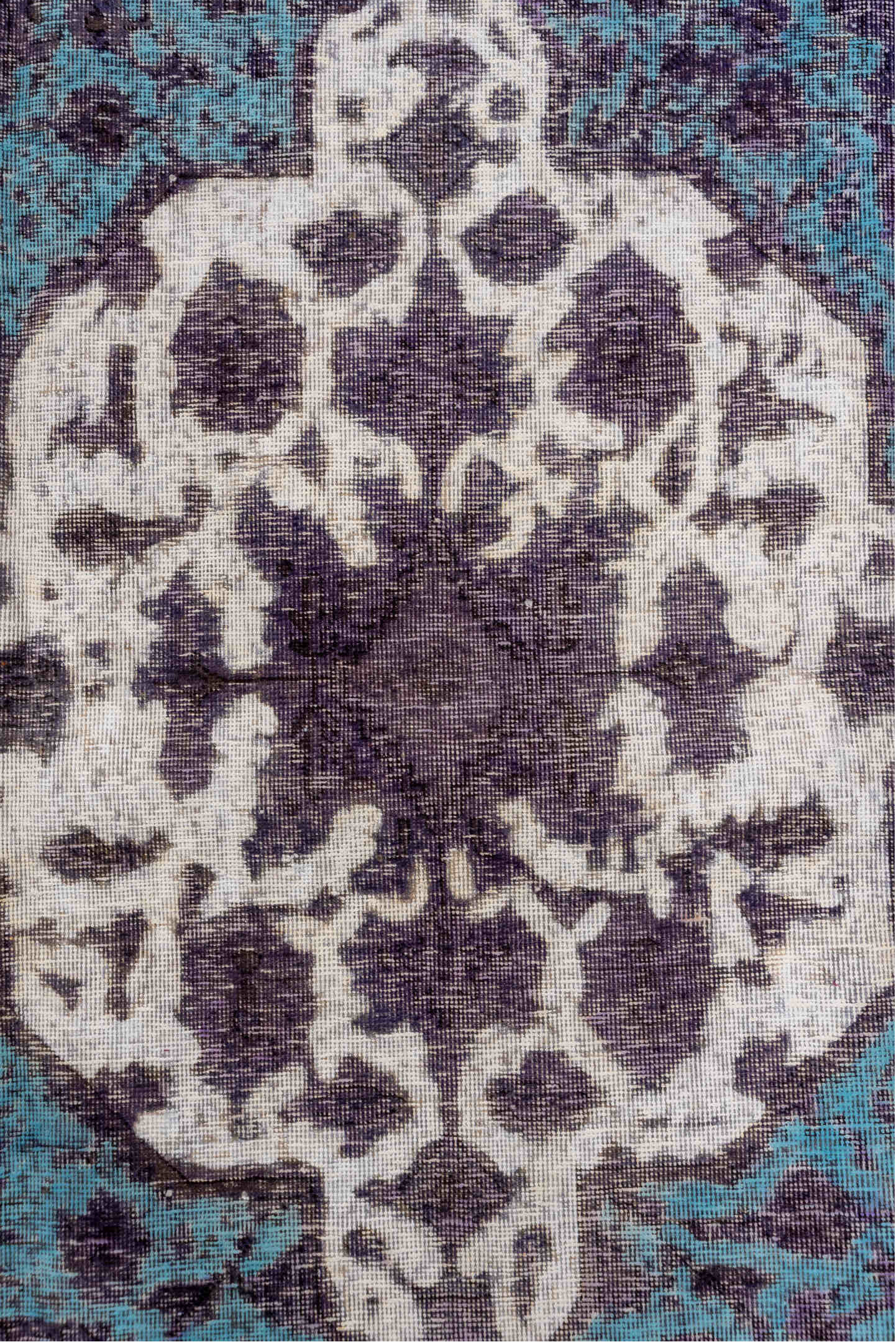 6' x 9' one-of-a-kind handmade vintage Overdyed medium size rug. Color palette: gray, blue, light gray, off-white