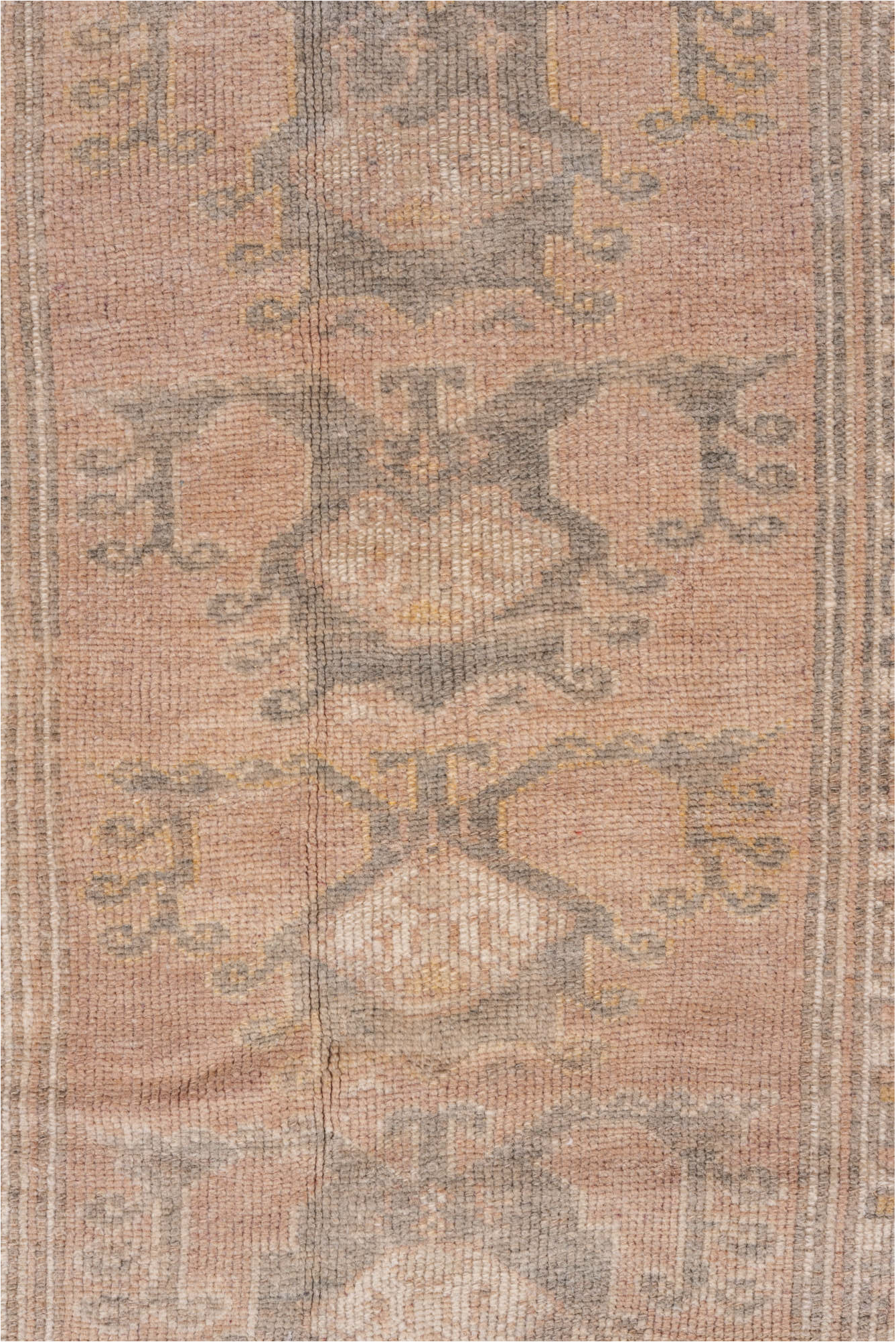 3' x 5' one-of-a-kind handmade vintage Oushak small size rug. Color palette: gray, pink, light gray, off-white, brown