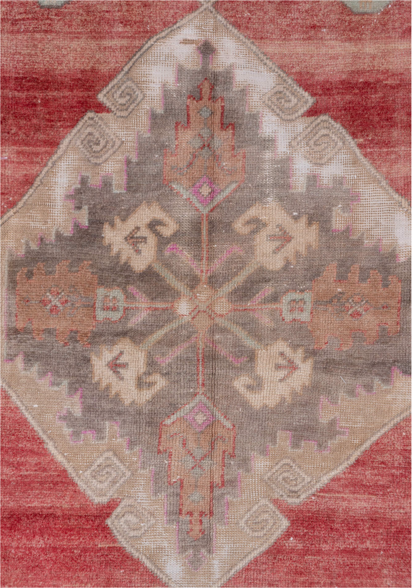 3' x 11' one-of-a-kind handmade vintage Oushak runner rug. Color palette: brown, gray, off-white, pink, red, snow, white