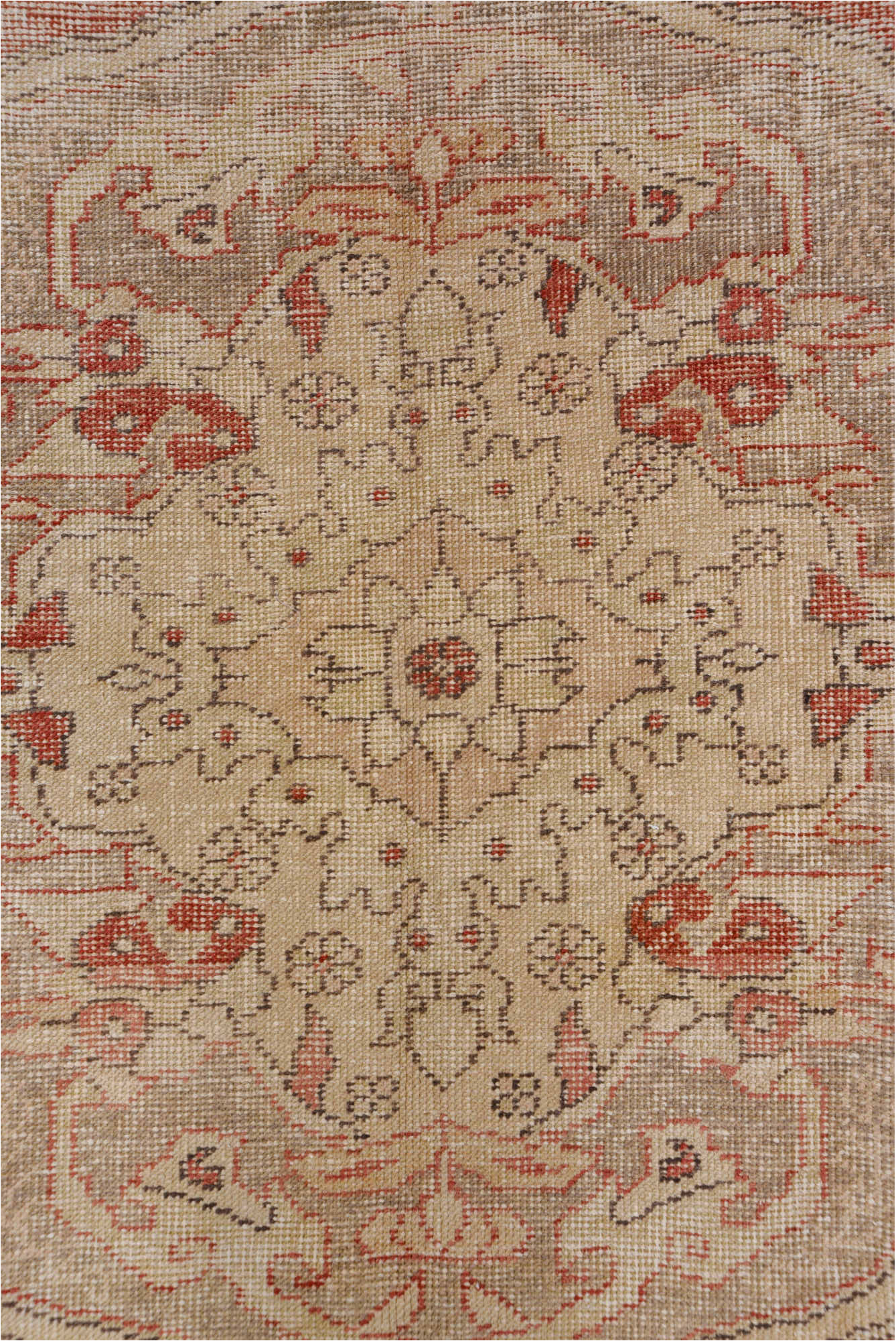 7' x 10' one-of-a-kind handmade vintage Oushak large size rug. Color palette: brown, gray, light gray, off-white, pink, red
