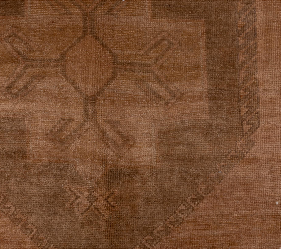 4' x 12' one-of-a-kind handmade vintage Oushak runner rug. Color palette: brown, gray, light gray, off-white, pink, snow