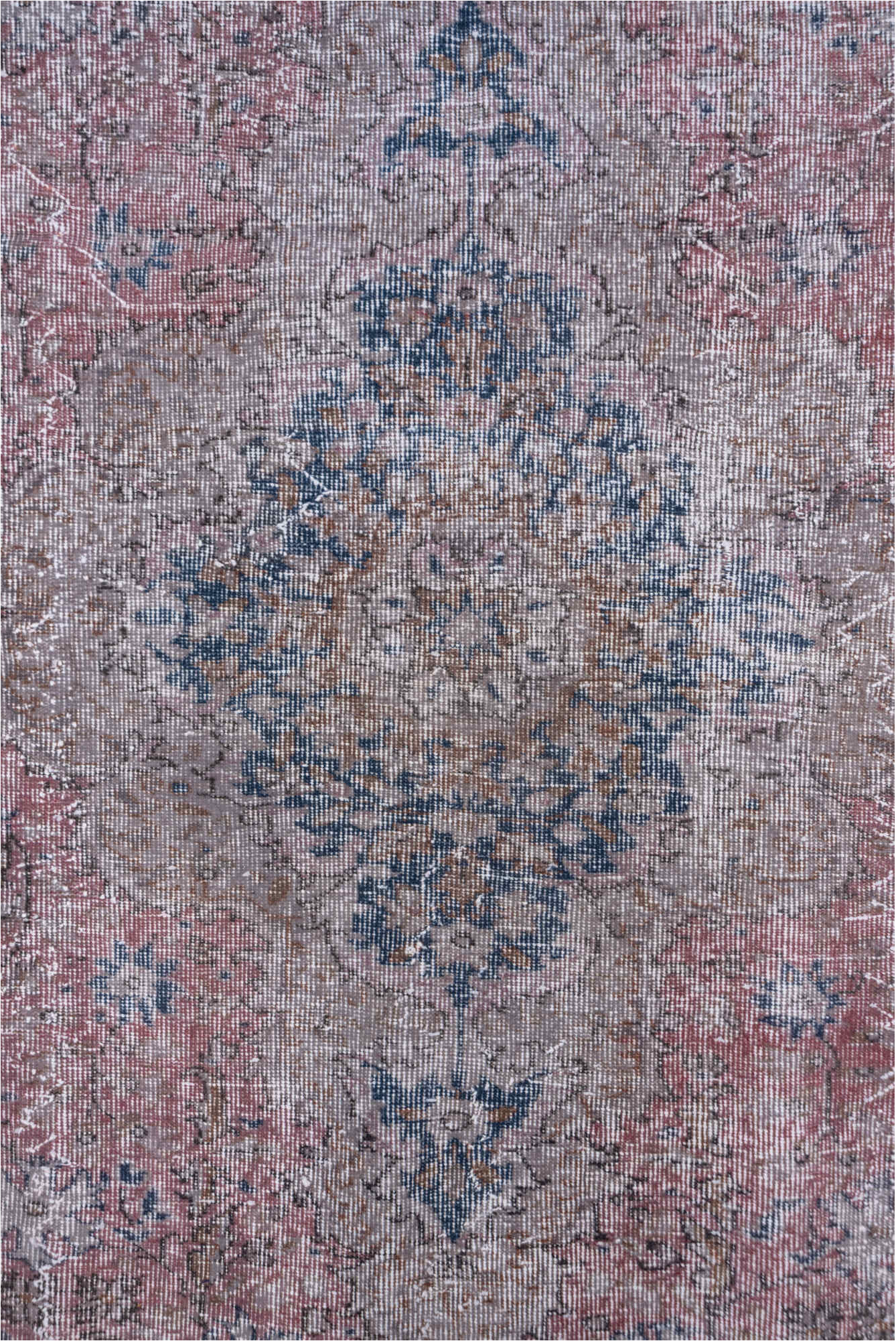 6' x 9' one-of-a-kind handmade vintage Overdyed medium size rug. Color palette: blue, gray, lavender blush, light gray