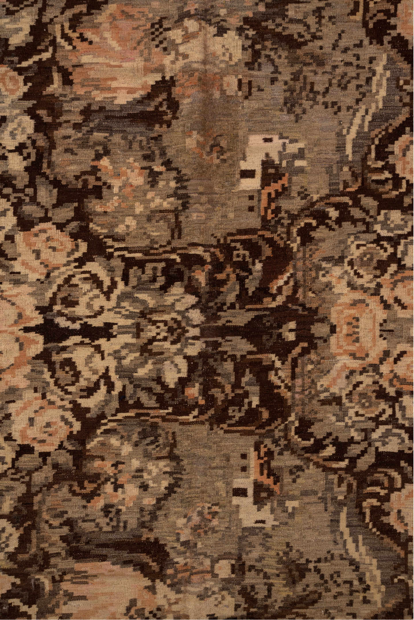 5' x 10' one-of-a-kind handmade vintage Kilim medium size rug. Color palette: brown, orange, off-white