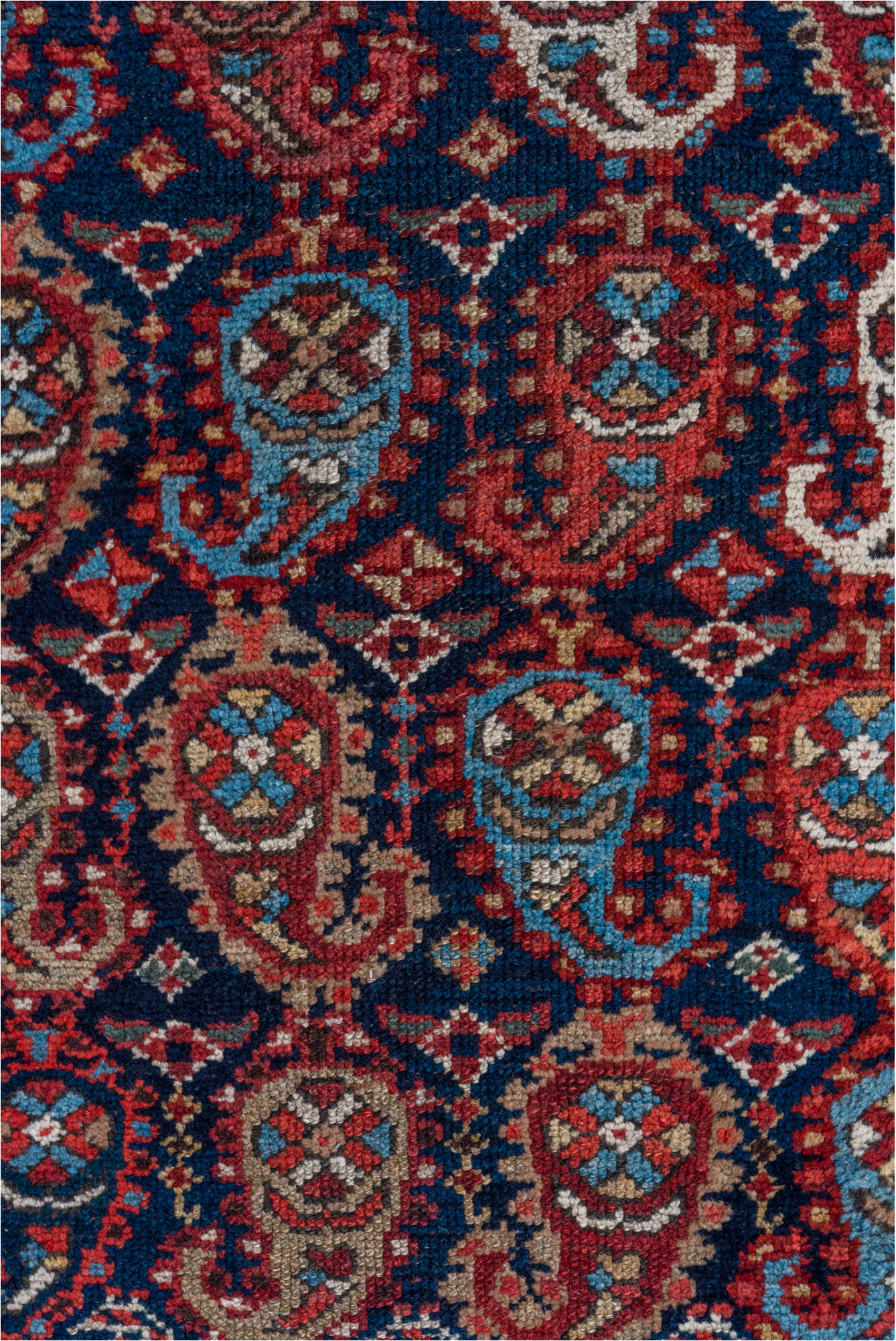 2' x 16' one-of-a-kind handmade vintage Malayer runner rug. Color palette: black, blue, brown, dim gray, gray, off-white