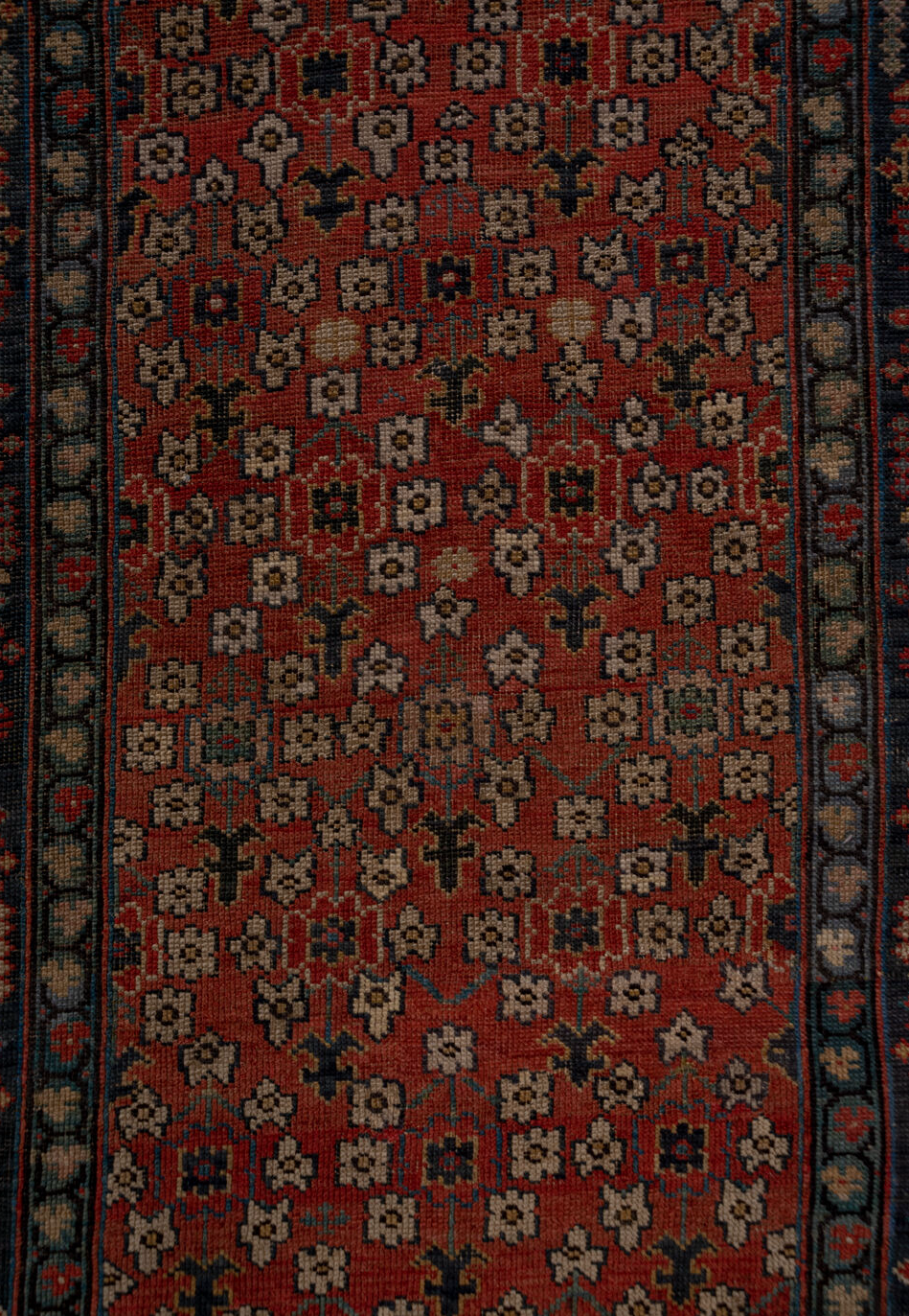3' x 19' one-of-a-kind handmade vintage Shirvan runner rug. Color palette: gray, brown, black, pink, red, off-white, redwood
