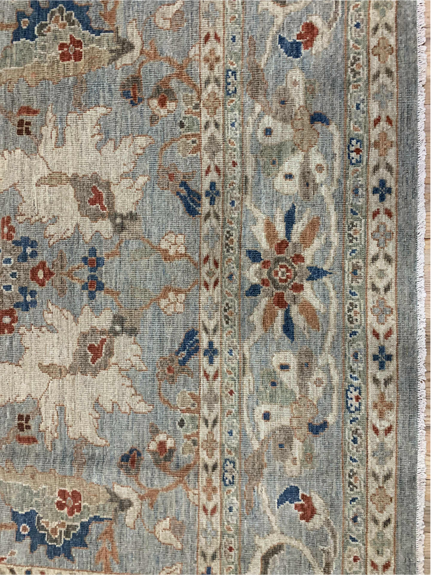 8' x 10' one-of-a-kind handmade vintage Sultanabad large size rug. Color palette: blue, brown, dim gray, fiord, gray