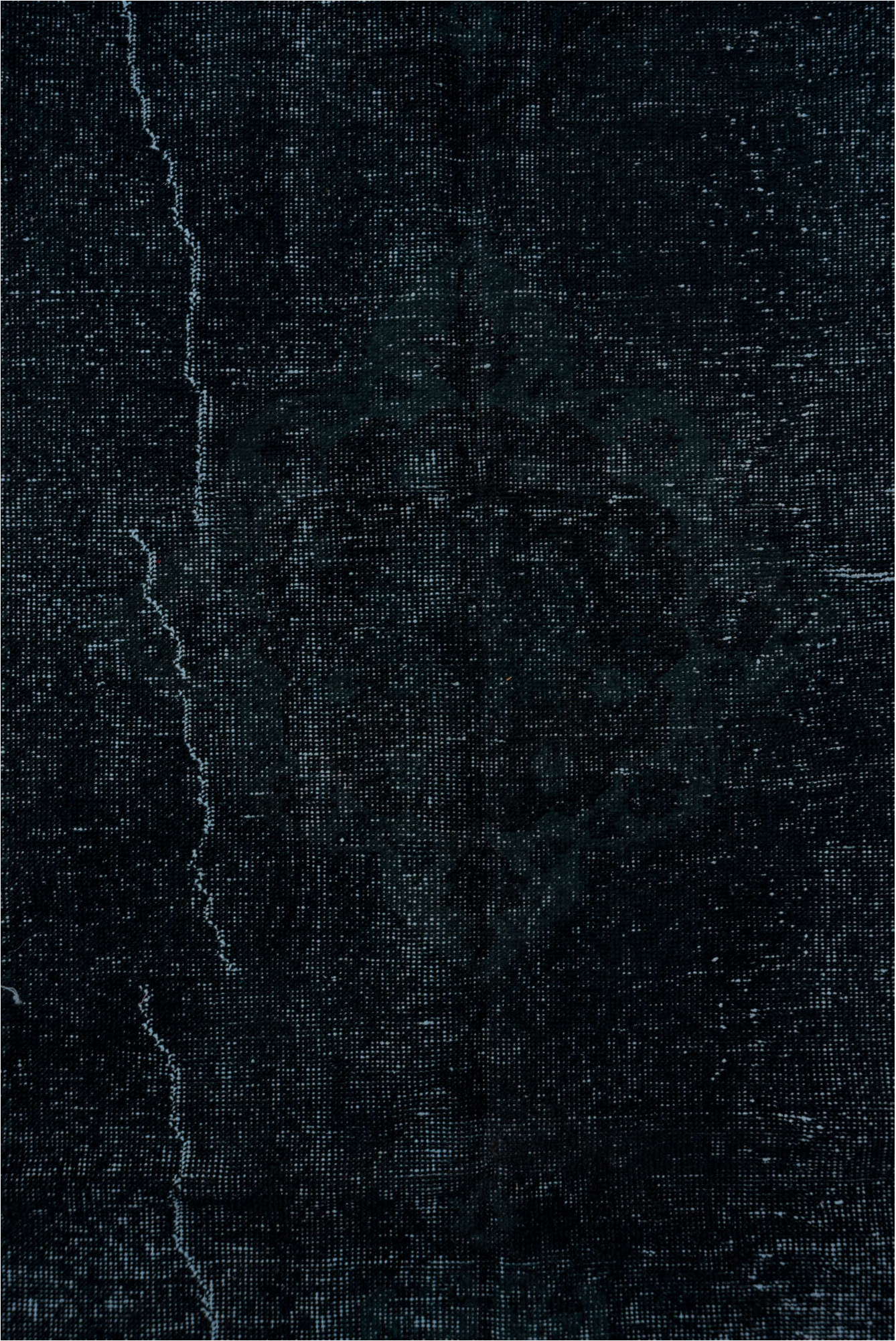 4' x 11' one-of-a-kind handmade vintage Overdyed runner rug. Color palette: black, blue, charcoal, gray, light blue