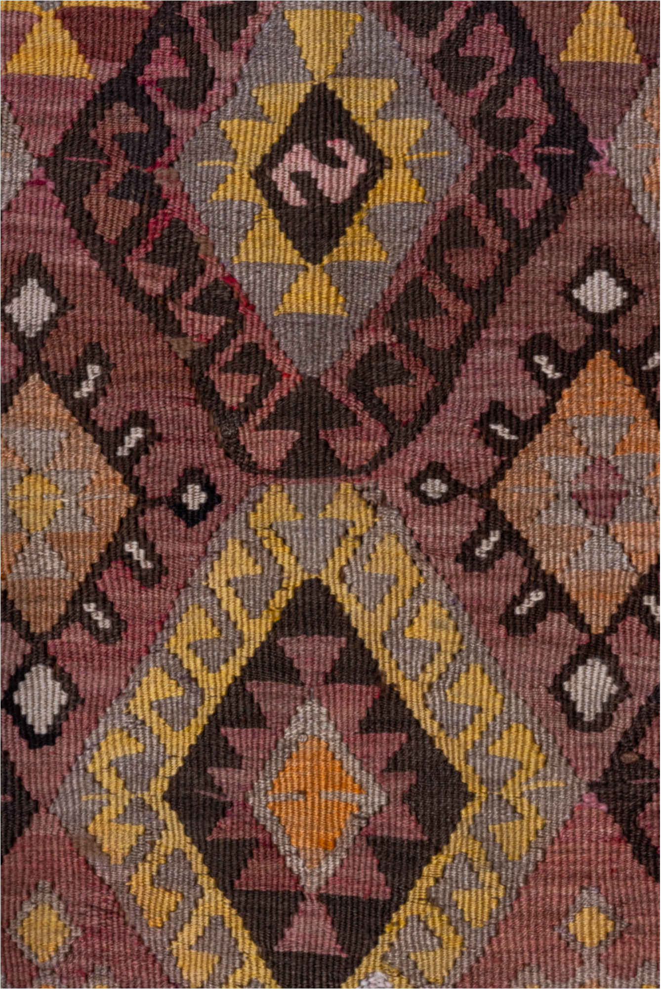 4' x 5' one-of-a-kind handmade vintage Kilim small size rug. Color palette: gray, brown, pink, off-white, black, light gray