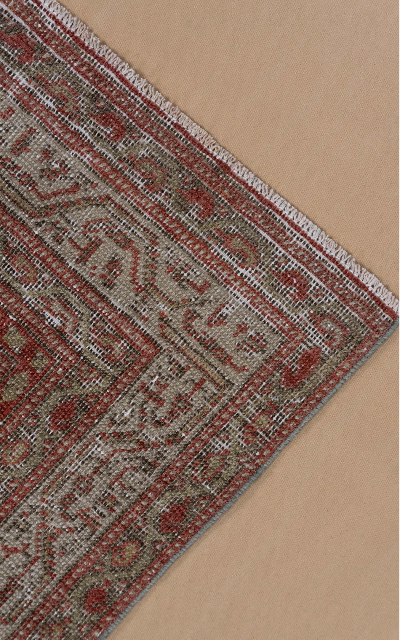 4' x 9' one-of-a-kind handmade vintage Malayer runner rug. Color palette: pink, gray, light gray, brown, off-white