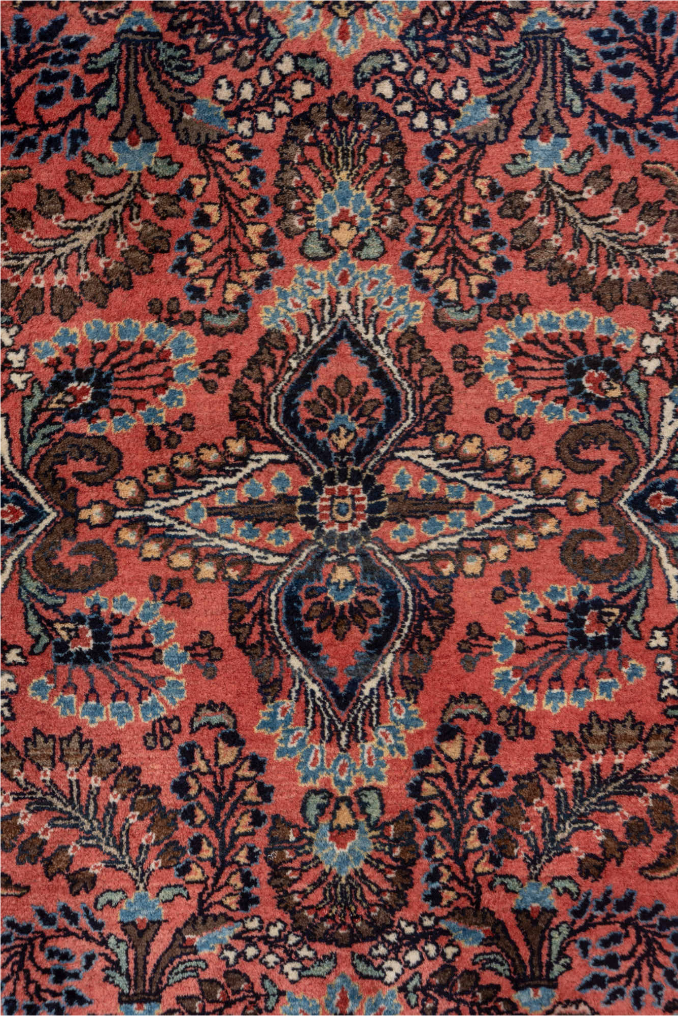 3' x 5' one-of-a-kind handmade vintage Sarouk small size rug. Color palette: black, blue, brown, gray, pink, red, redwood