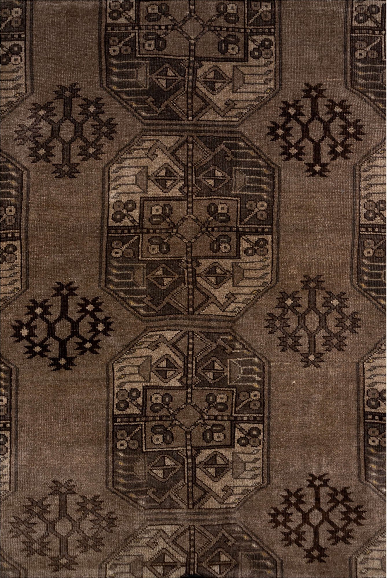 8' x 12' one-of-a-kind handmade vintage Afghan large size rug. Color palette: brown, gray, light gray, off-white, pink, snow