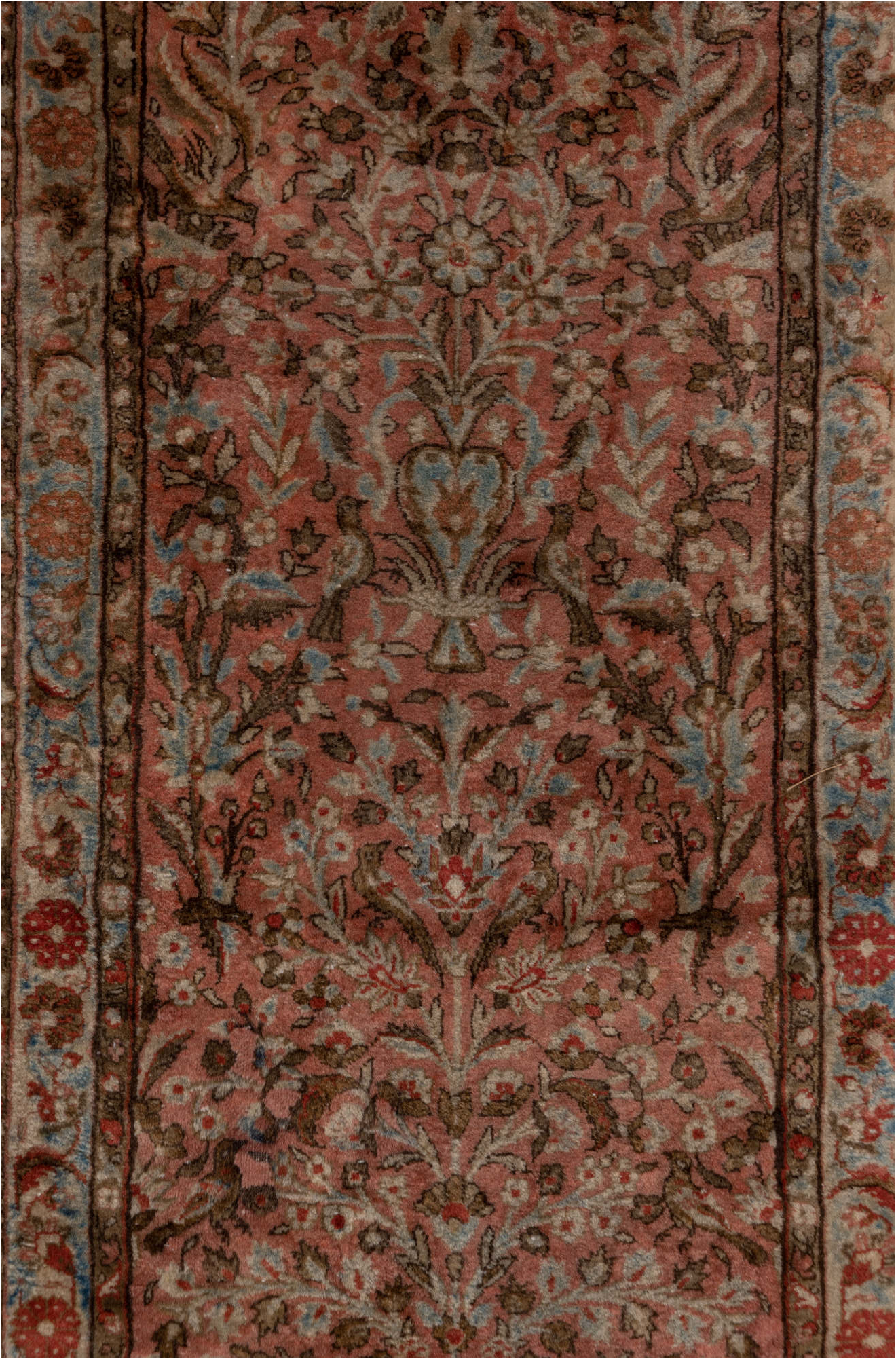 2' x 6' one-of-a-kind handmade vintage Kashan runner rug. Color palette: brown, gray, pink, red