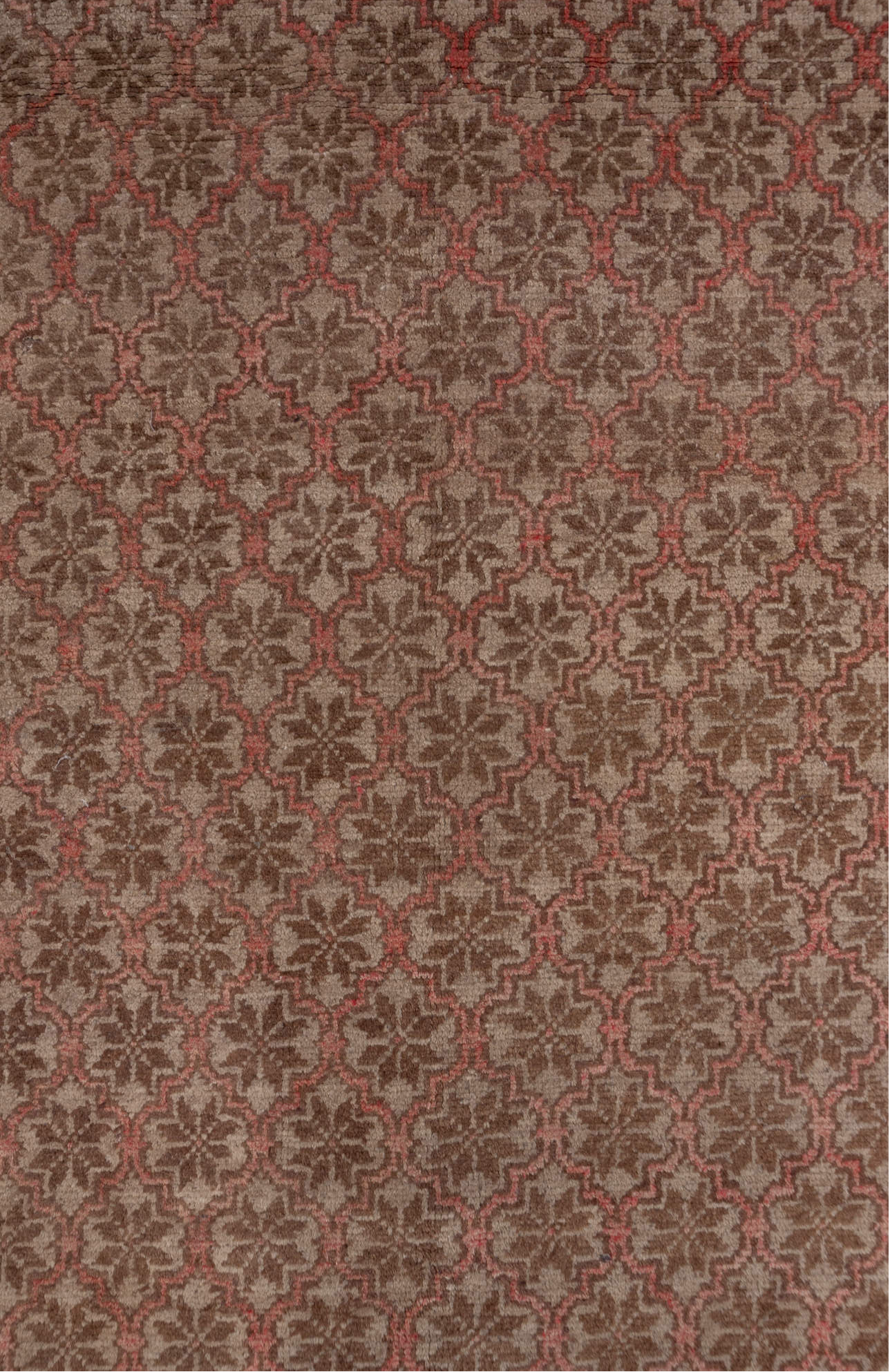 4' x 8' one-of-a-kind handmade vintage Oushak rug. Color palette: brown, gray, light gray, off-white, pink