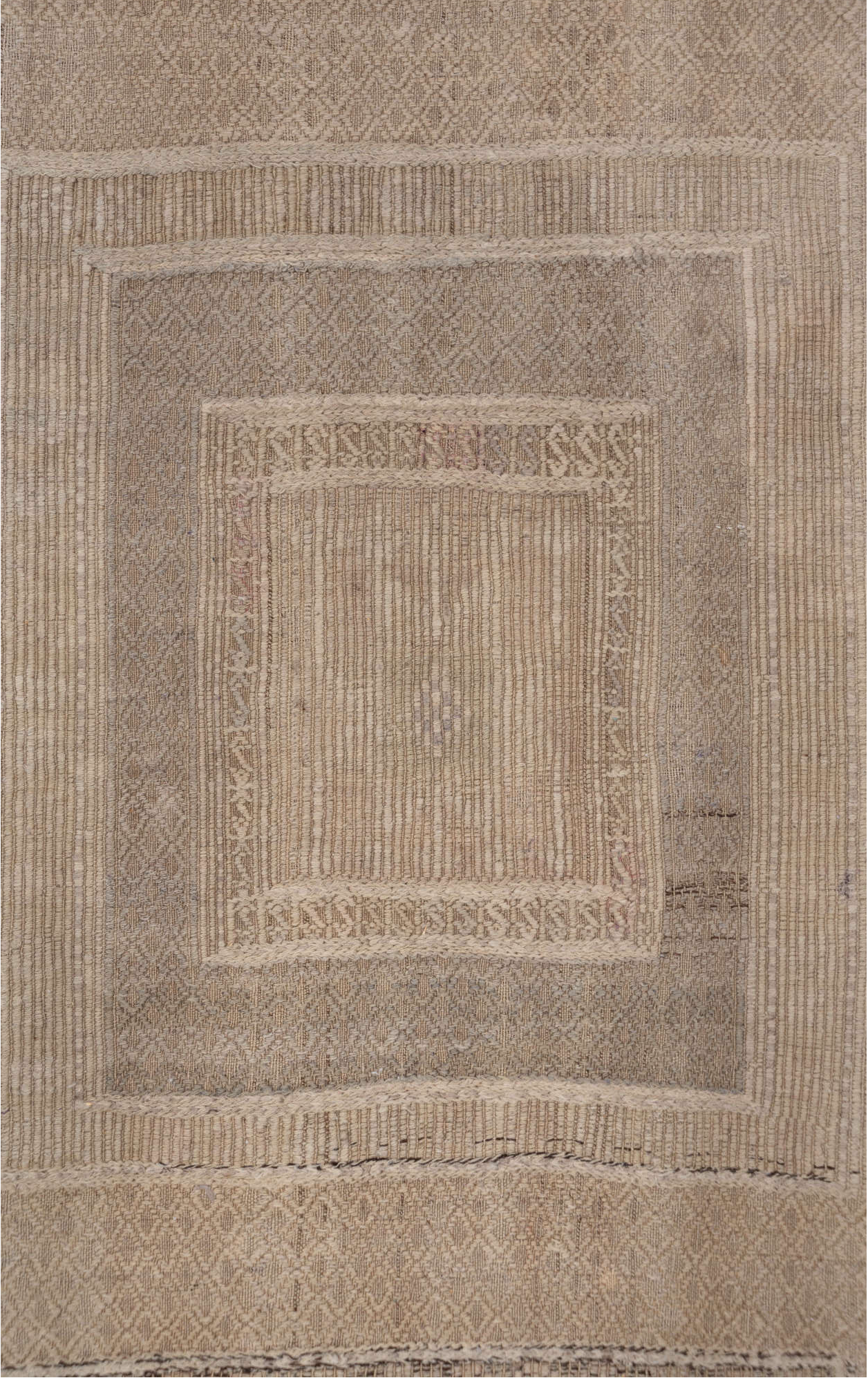 5' x 9' one-of-a-kind handmade vintage Jijim medium size rug. Color palette: gray, light gray, off-white, pink, snow, white