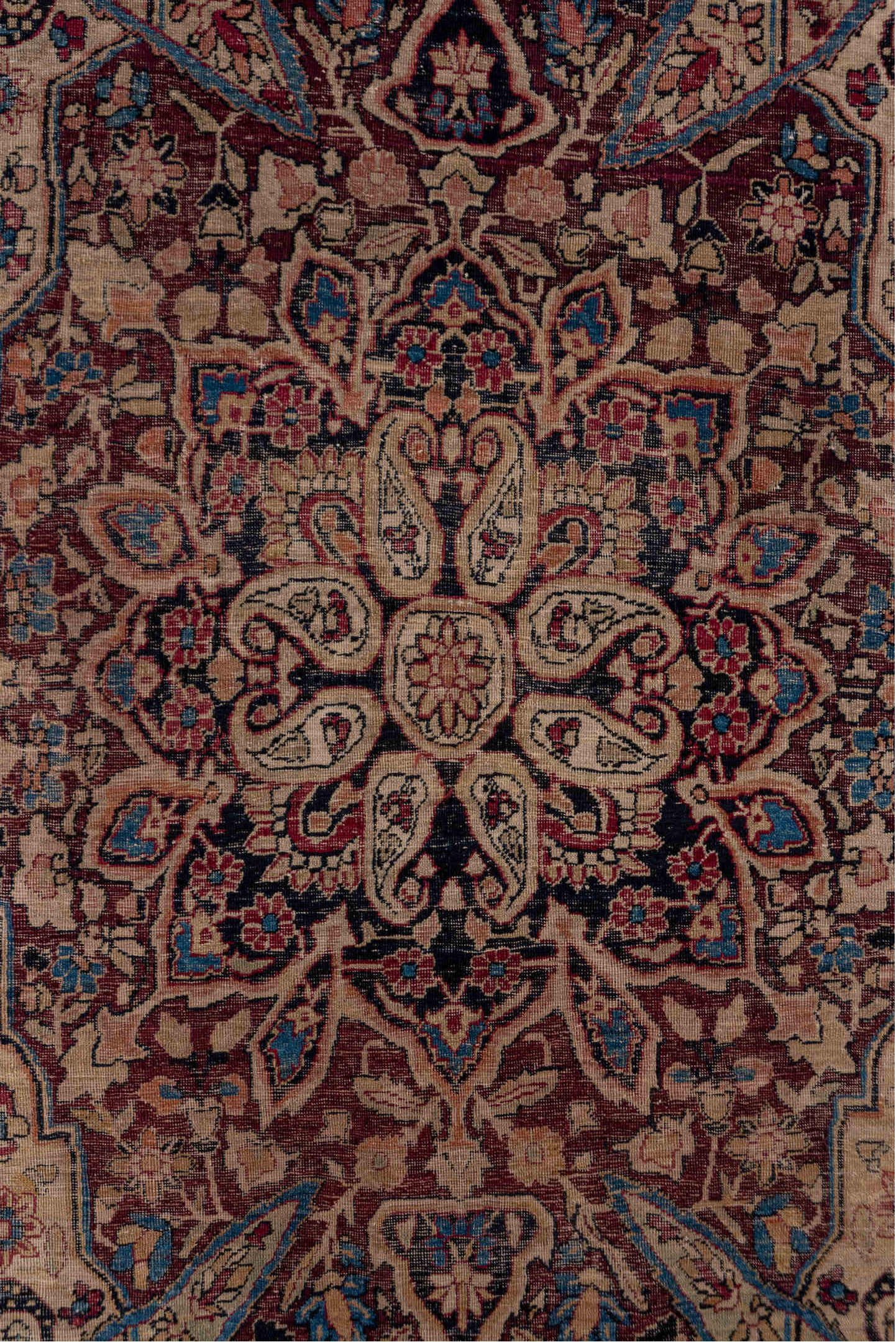 4' x 5' one-of-a-kind handmade vintage Lavar small size rug. Color palette: pink, gray, brown, red, blue, off-white