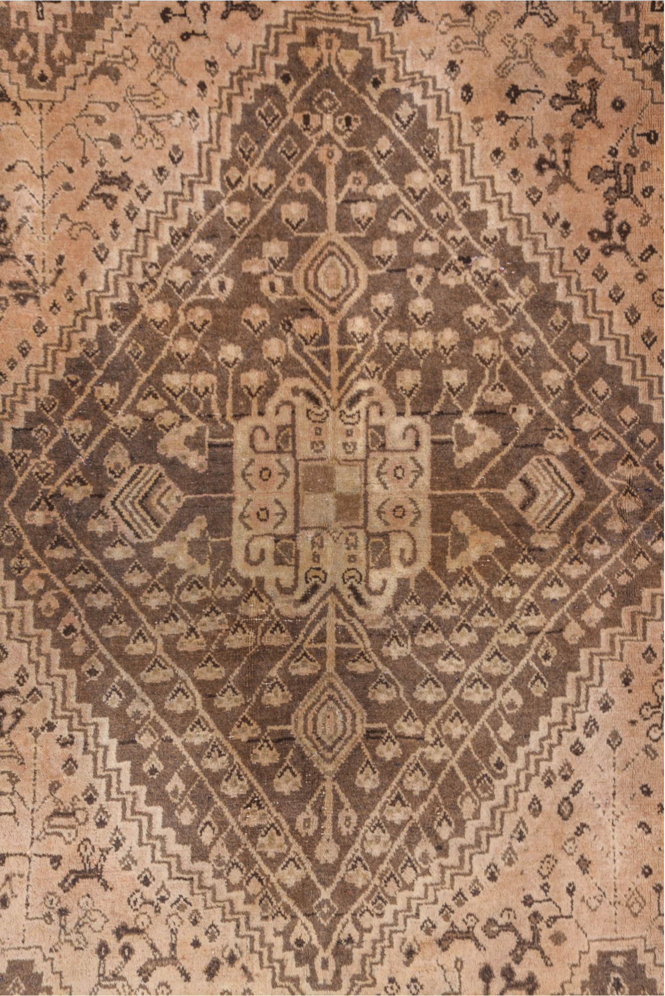 6' x 9' one-of-a-kind handmade vintage Shiraz medium size rug. Color palette: brown