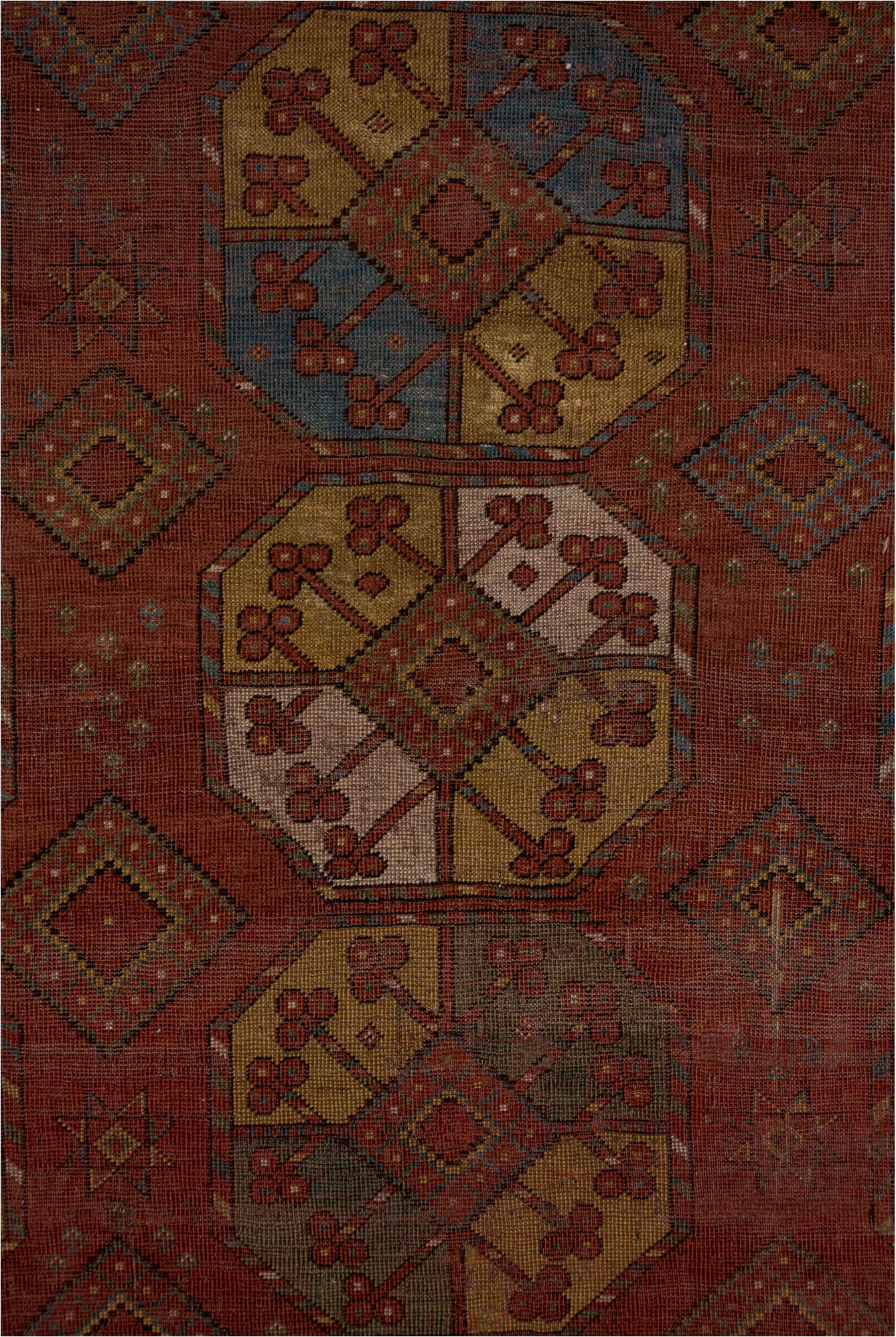 7' x 11' one-of-a-kind handmade vintage Afghan large size rug. Color palette: brown, gray, pink, red