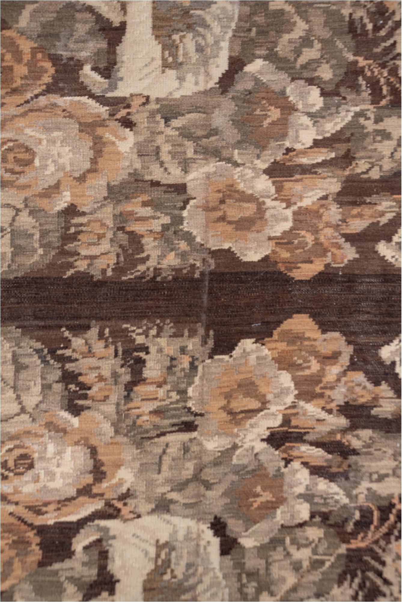 7' x 12' one-of-a-kind handmade vintage Kilim large size rug. Color palette: brown, gray, light gray, off-white, pink