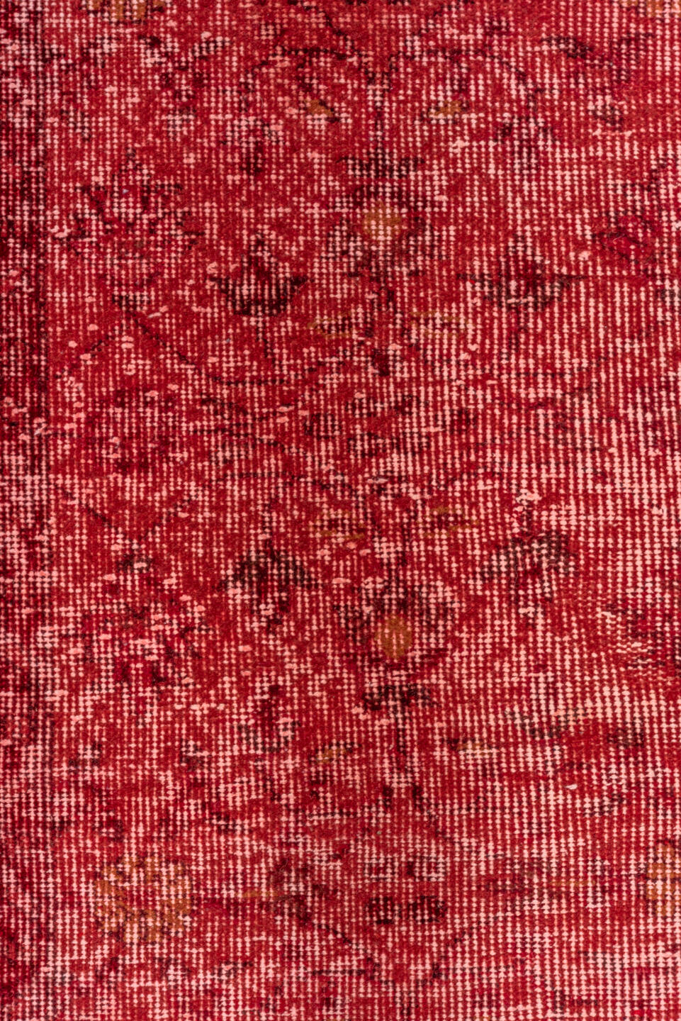 2' x 8' one-of-a-kind handmade vintage Overdyed runner rug. Color palette: pink, red, brown, off-white, white, snow