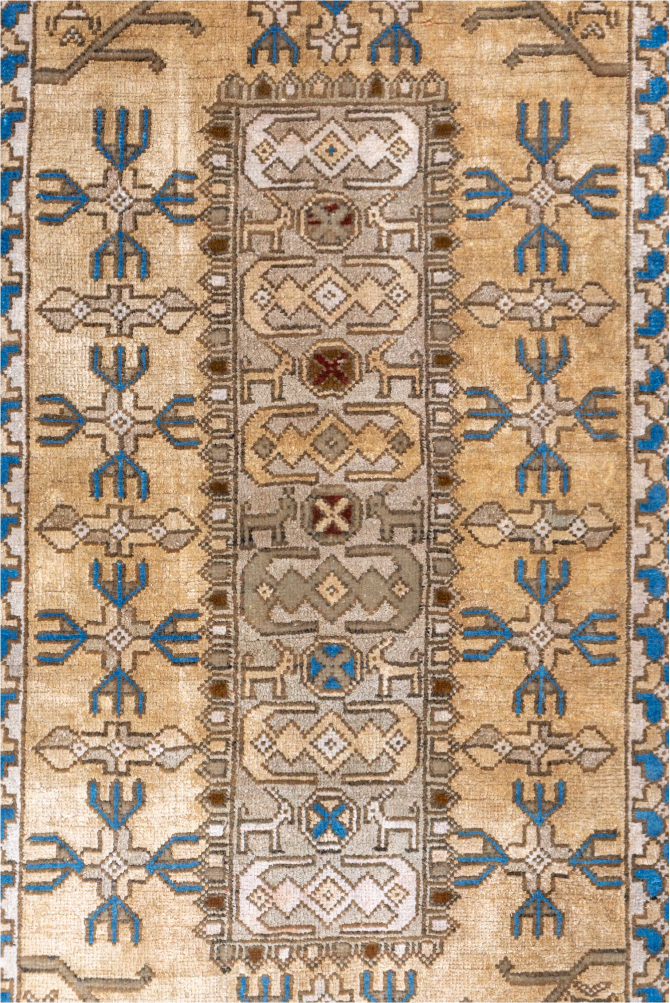 2' x 4' one-of-a-kind handmade vintage Sivas small size rug. Color palette: blue, brown, gray, light gray, light slate gray