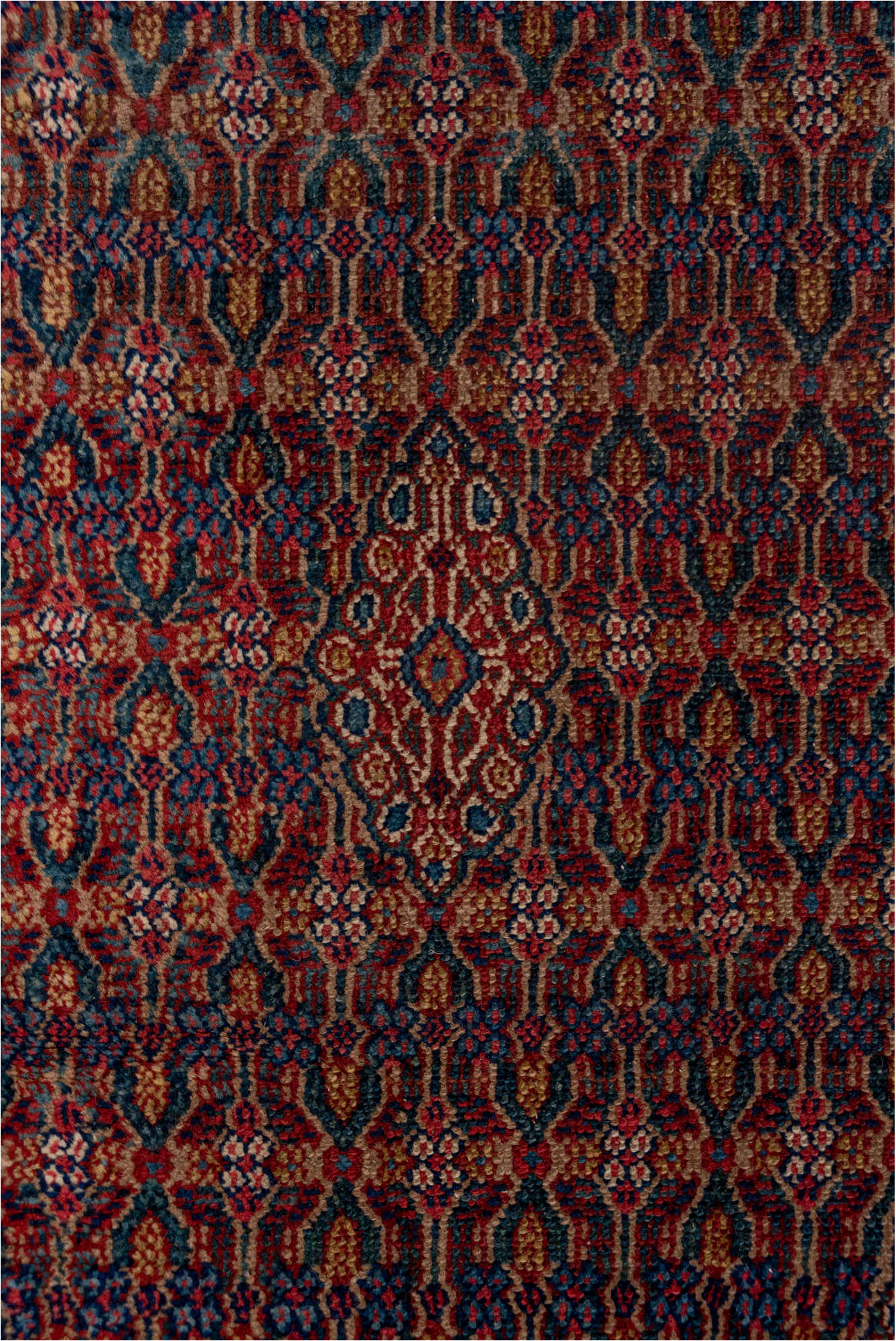3' x 14' one-of-a-kind handmade vintage Cam Hamadan runner rug. Color palette: blue, brown, gray, pink, red, redwood