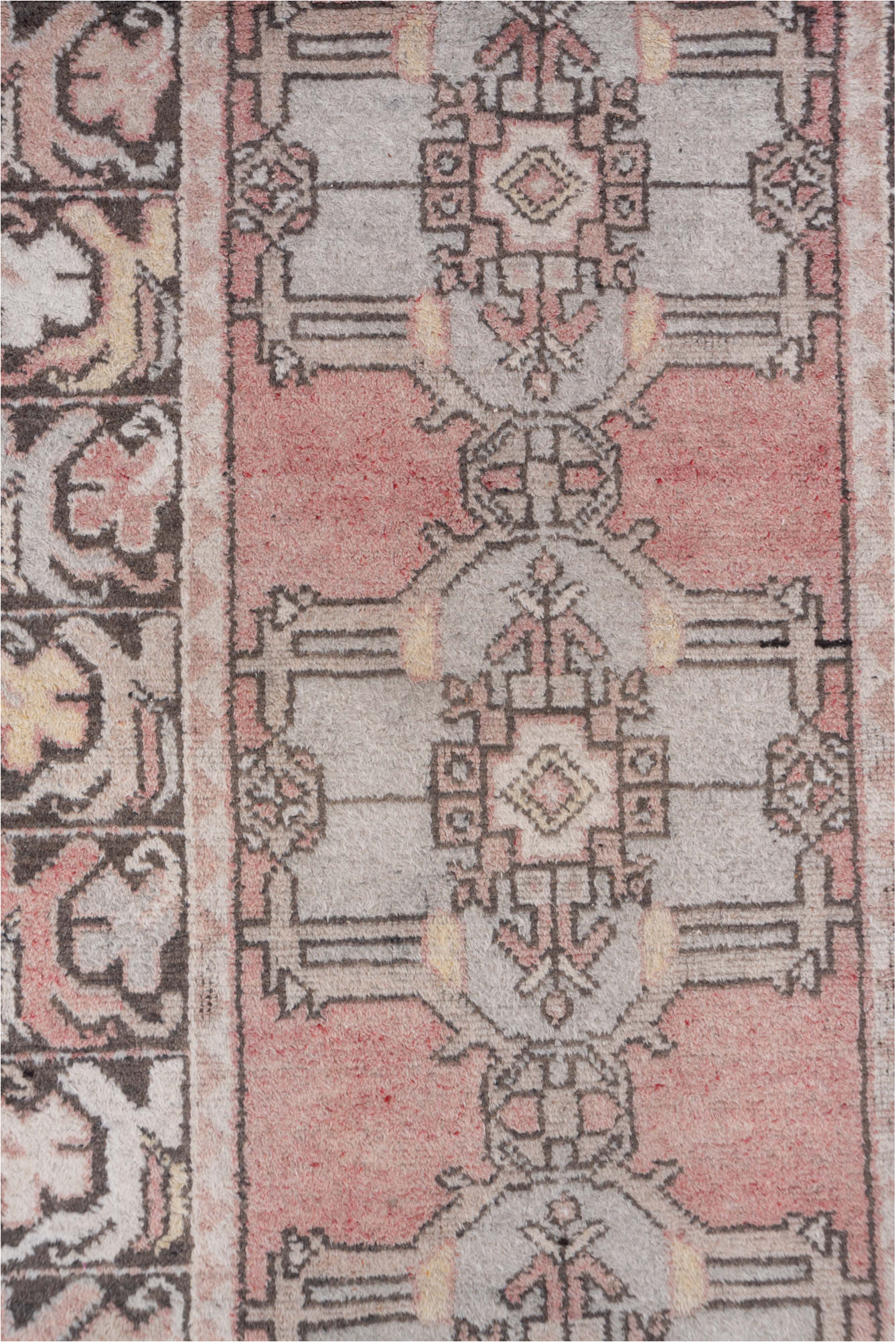 2' x 9' one-of-a-kind handmade vintage Oushak runner rug. Color palette: brown, gray, light gray, off-white, pink, snow