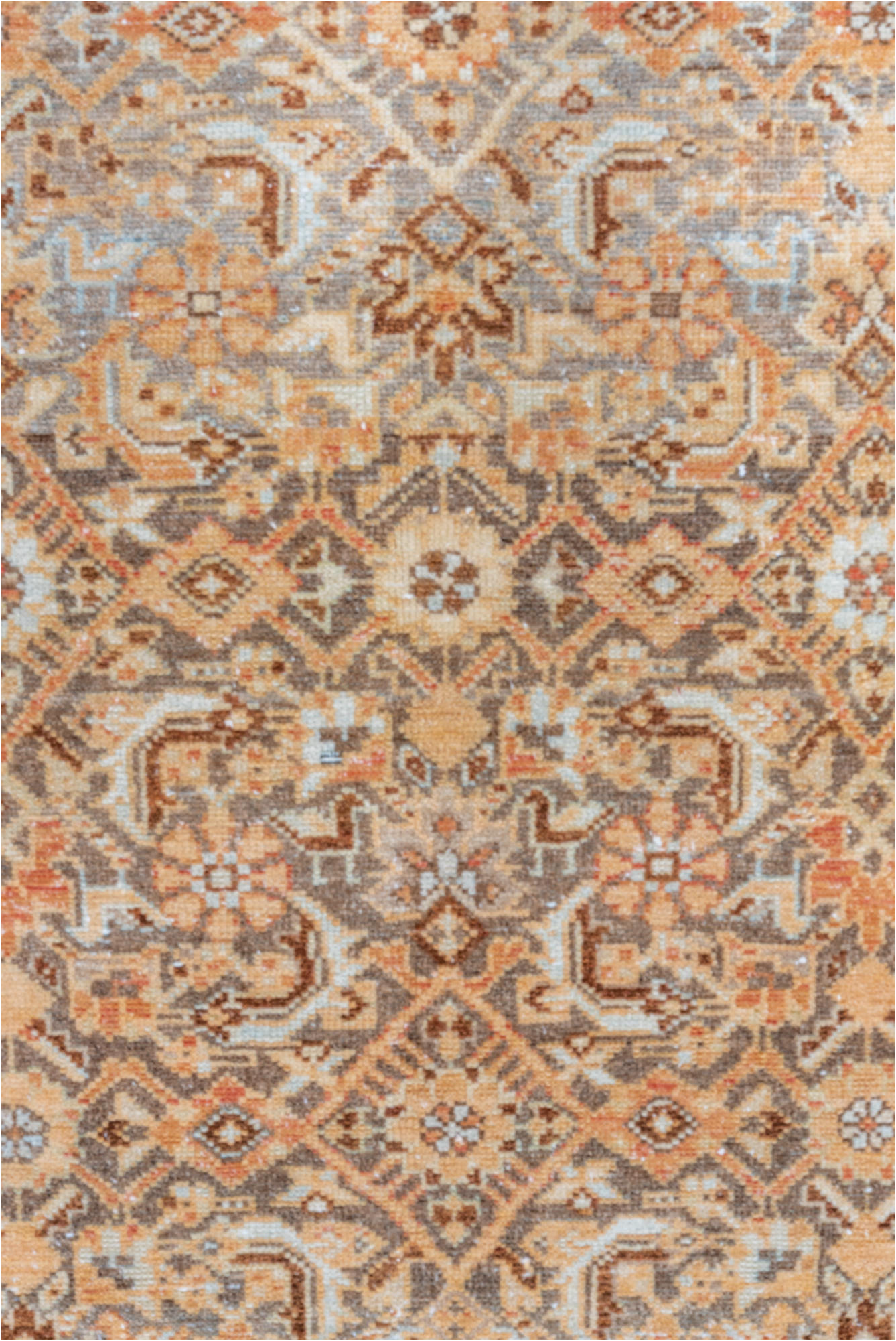 3' x 16' one-of-a-kind handmade vintage Malayer runner rug. Color palette: brown, gray, light gray, off-white, orange, pink