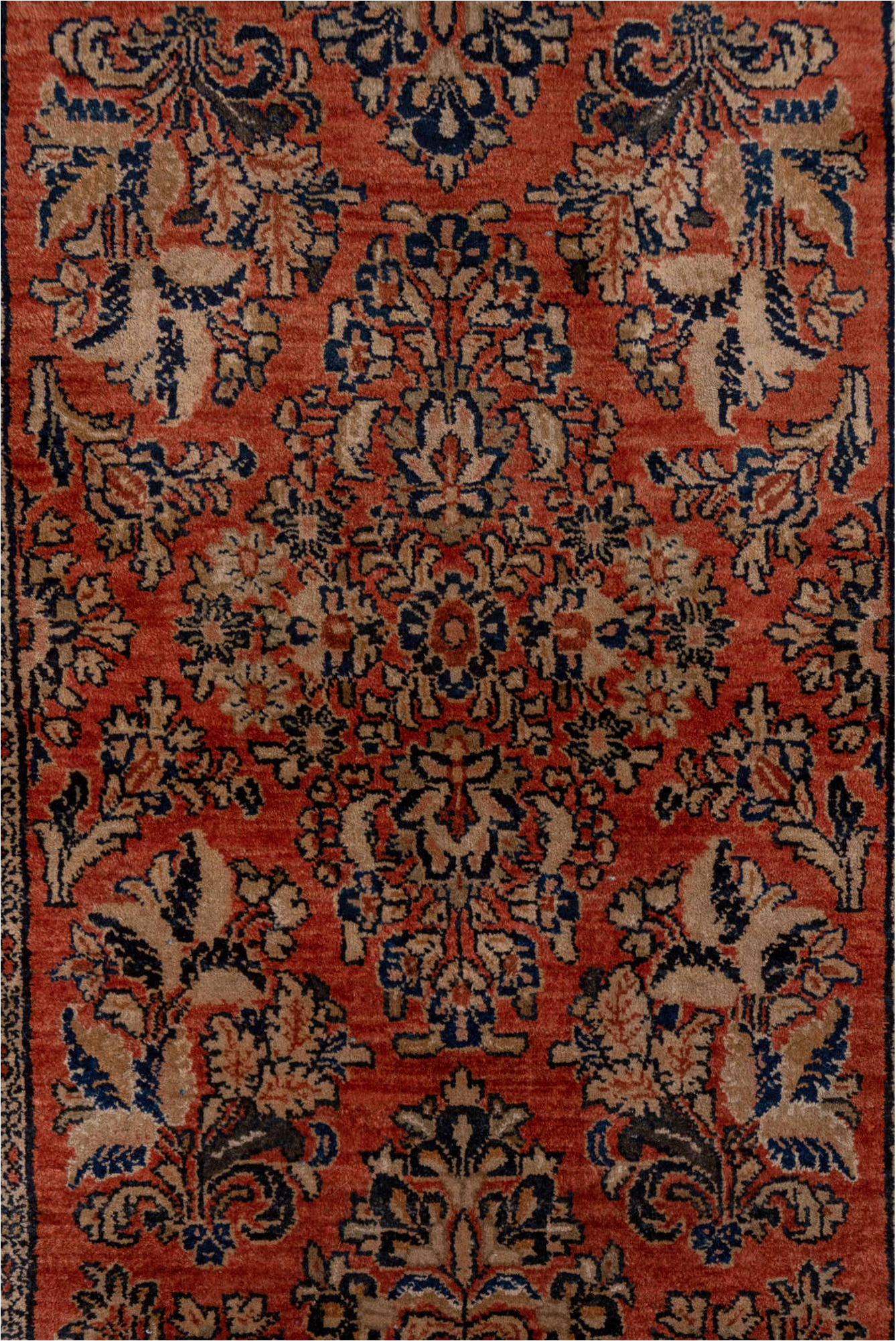 2' x 10' one-of-a-kind handmade vintage Sarouk runner rug. Color palette: brown, gray, pink, redwood