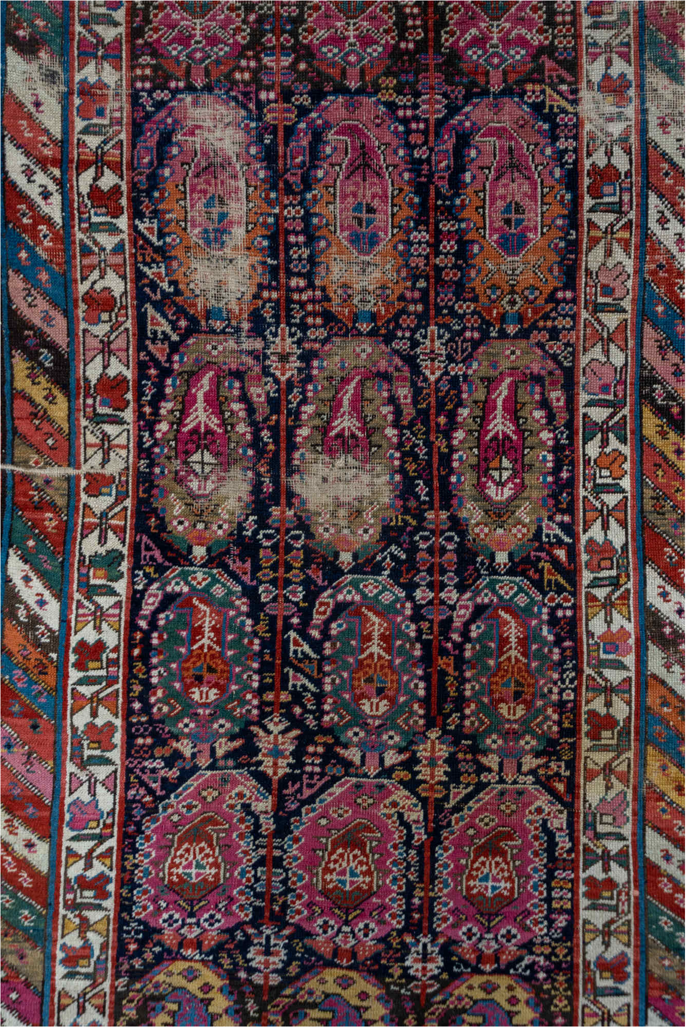 3' x 10' one-of-a-kind handmade vintage Shirvan runner rug. Color palette: black, blue, brown, fiord, gray, light gray