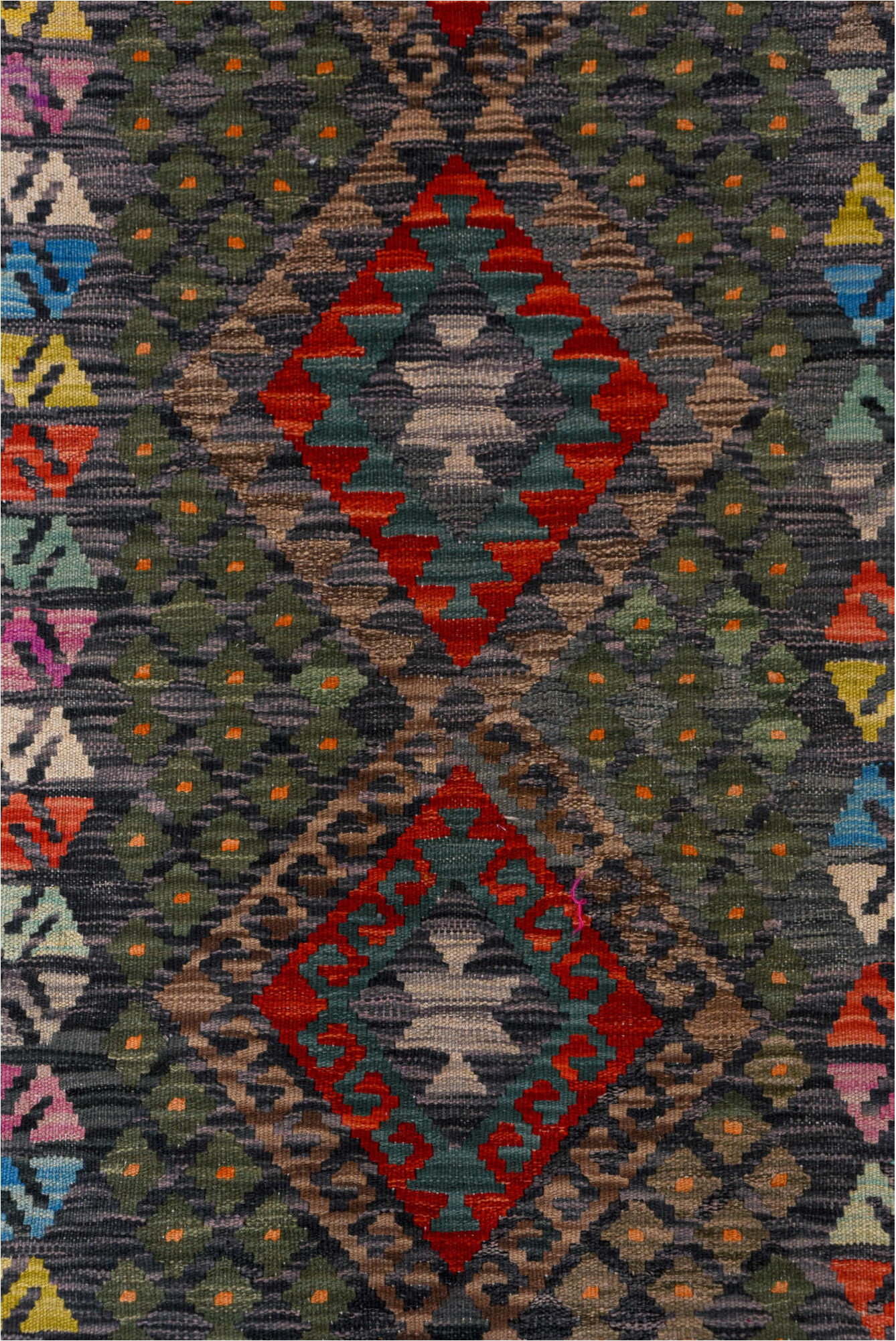 2' x 9' one-of-a-kind handmade vintage Kilim runner rug. Color palette: black, blue, brown, gray, pink, red