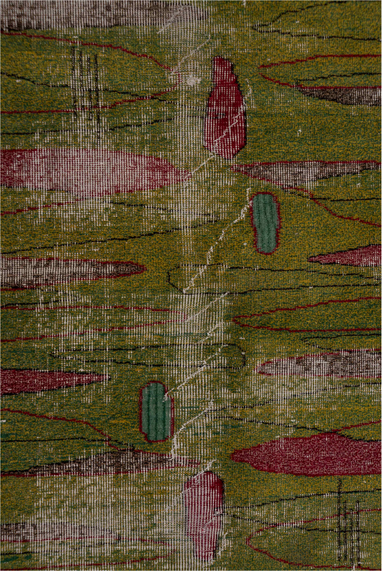 5' x 8' one-of-a-kind handmade vintage Art Deco medium size rug. Color palette: brown, gray, pink, red, redwood, wine