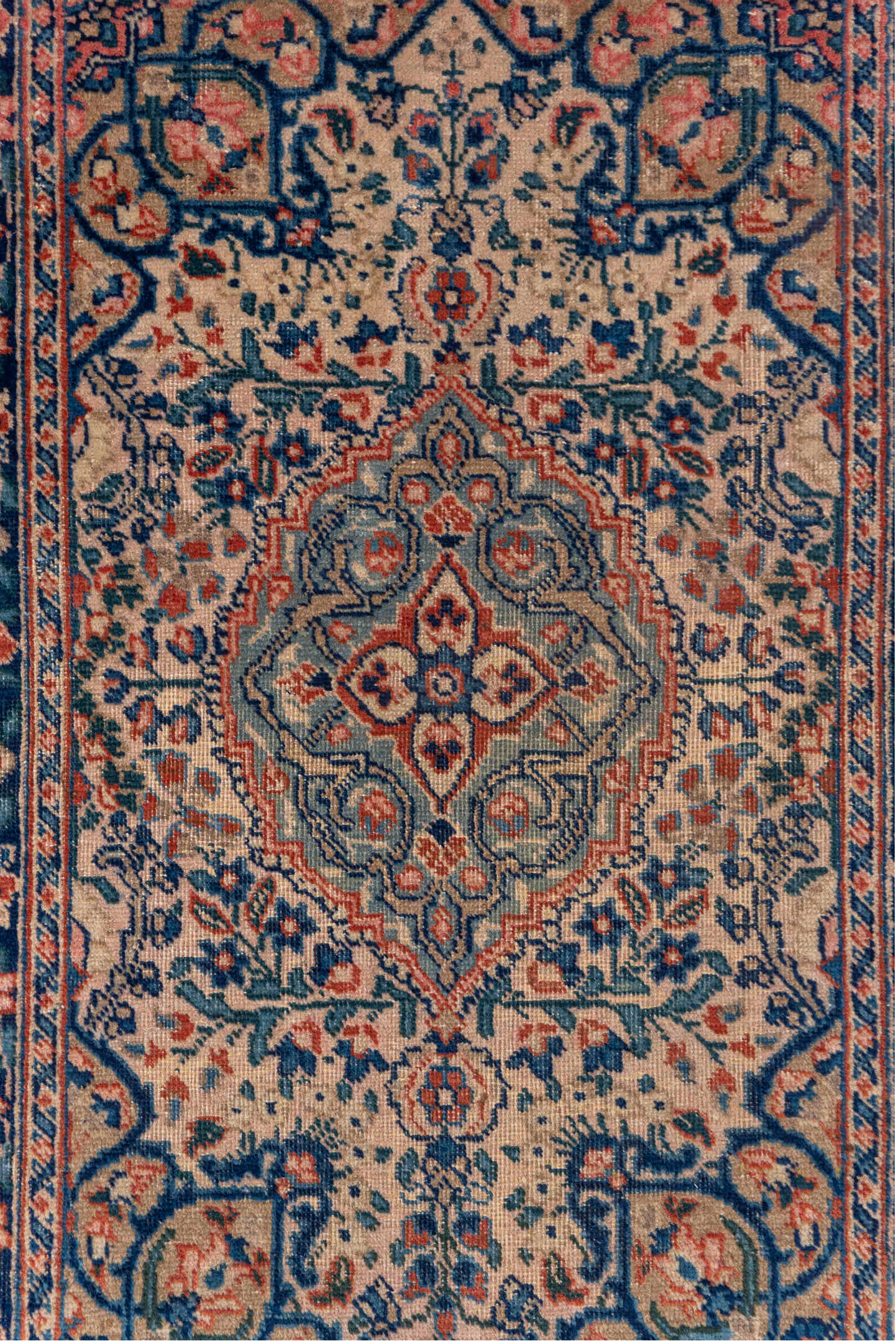 1' x 2' one-of-a-kind handmade vintage Tabriz small size rug. Color palette: gray, blue, pink, light gray, brown, red, black