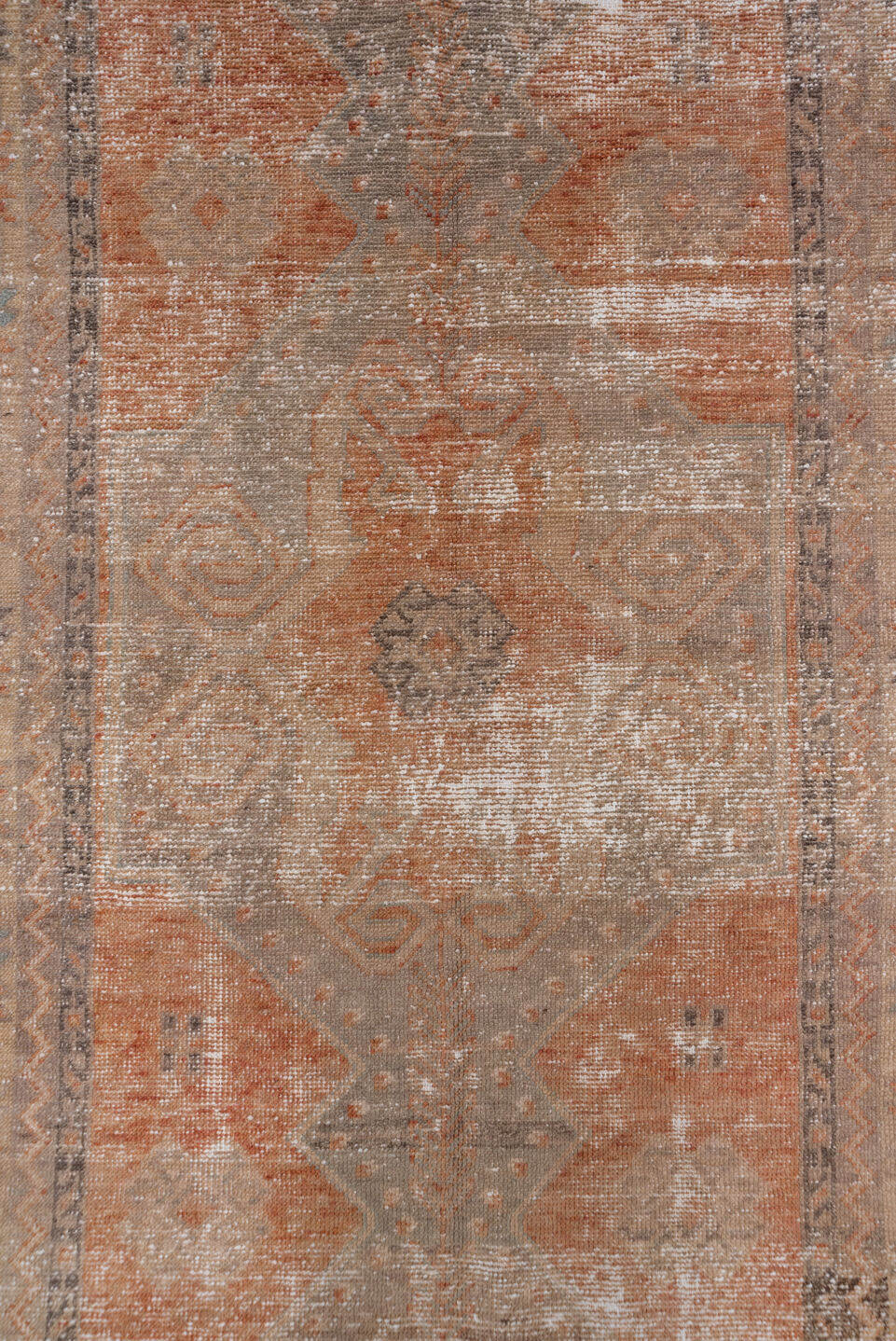 3' x 15' one-of-a-kind handmade vintage Oushak runner rug. Color palette: brown, pink, light gray, off-white, gray, orange
