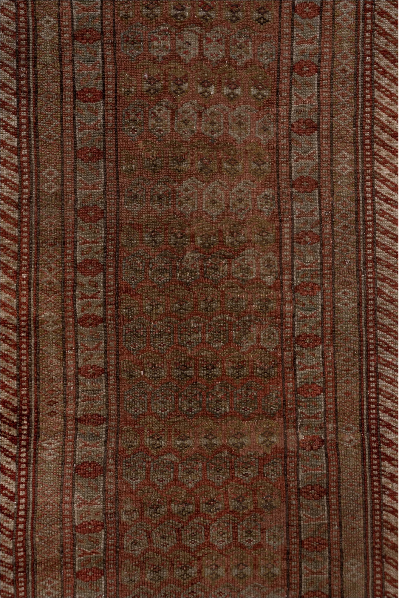 2' x 17' one-of-a-kind handmade vintage NW Persian runner rug. Color palette: brown, off-white, pink, snow, white