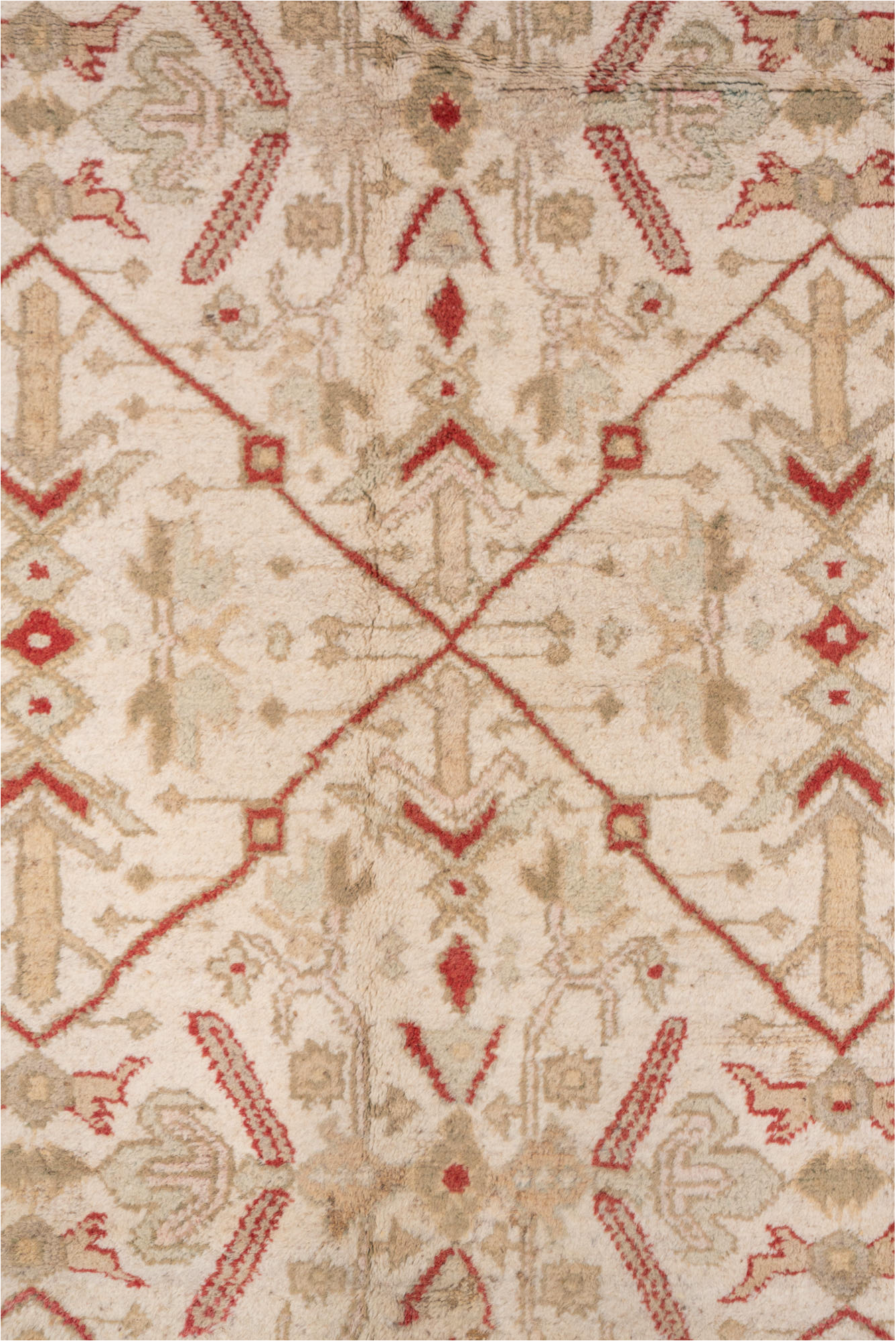 8' x 11' one-of-a-kind handmade vintage Oushak large size rug. Color palette: brown, gray, off-white, orange, pink, red, tan