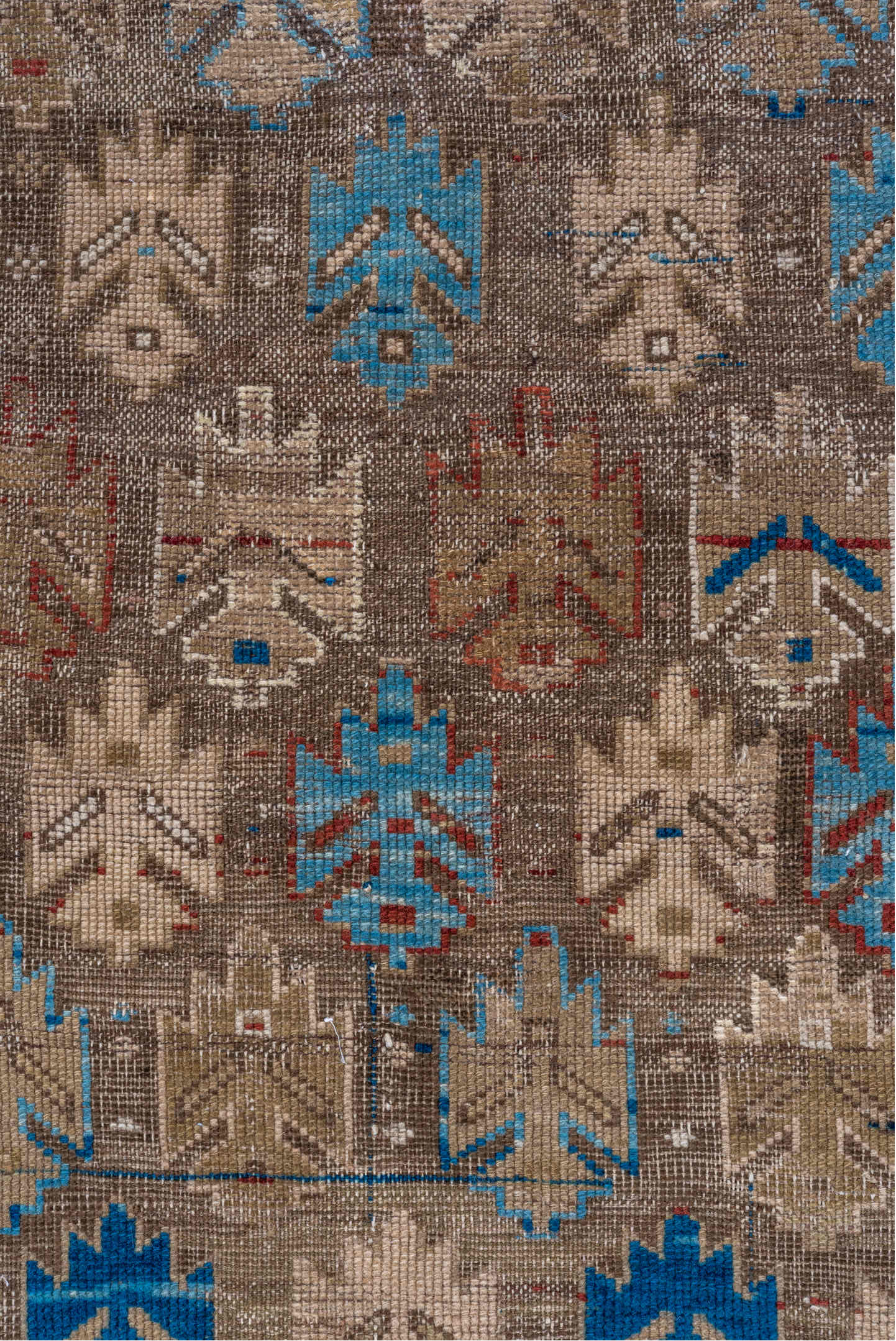 3' x 4' one-of-a-kind handmade vintage Caucasian small size rug. Color palette: gray, blue, red, brown