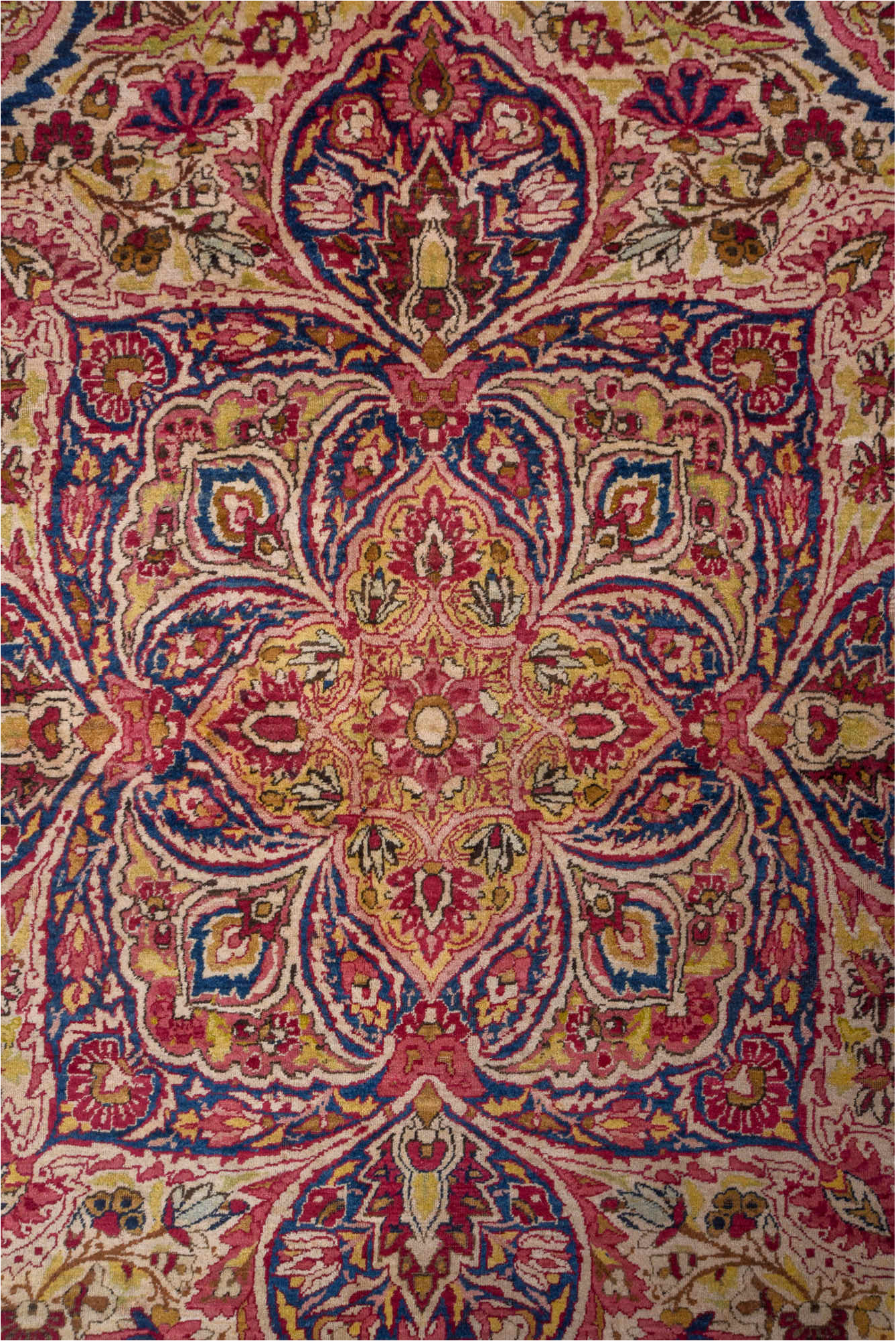 20' x 25' one-of-a-kind handmade vintage Lavar oversize rug. Color palette: blue, brown, gray, off-white, orange, pink, red
