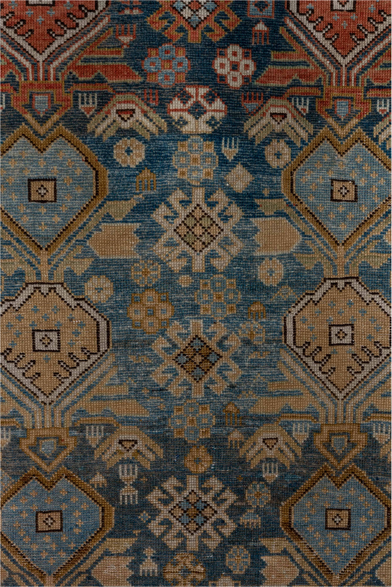 4' x 4' one-of-a-kind handmade vintage Shirvan small size rug. Color palette: black, blue, brown, charcoal, gray, light gray