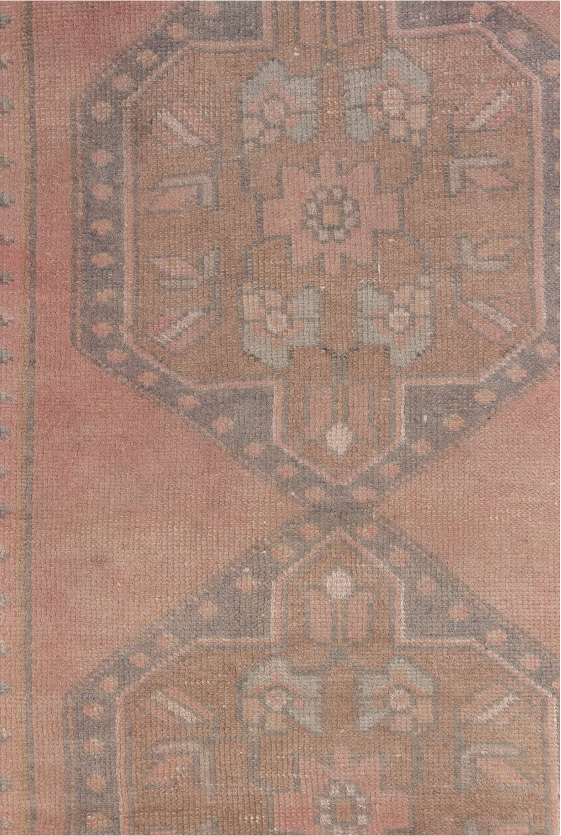 2' x 6' one-of-a-kind handmade vintage Oushak runner rug. Color palette: brown, gray, light gray, off-white, pink, snow