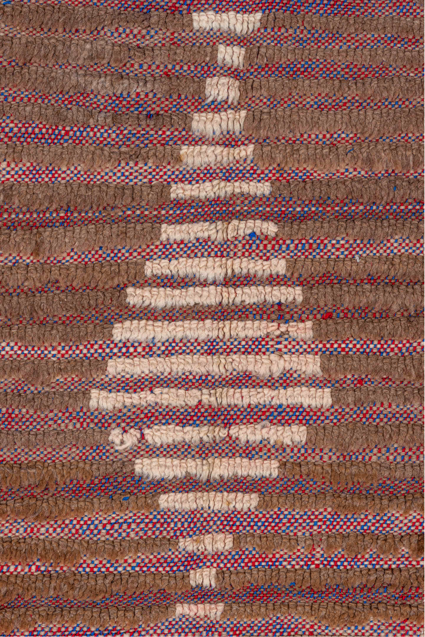3' x 7' one-of-a-kind handmade vintage Moroccan rug. Color palette: pink, gray, light gray, brown, orange, off-white, blue