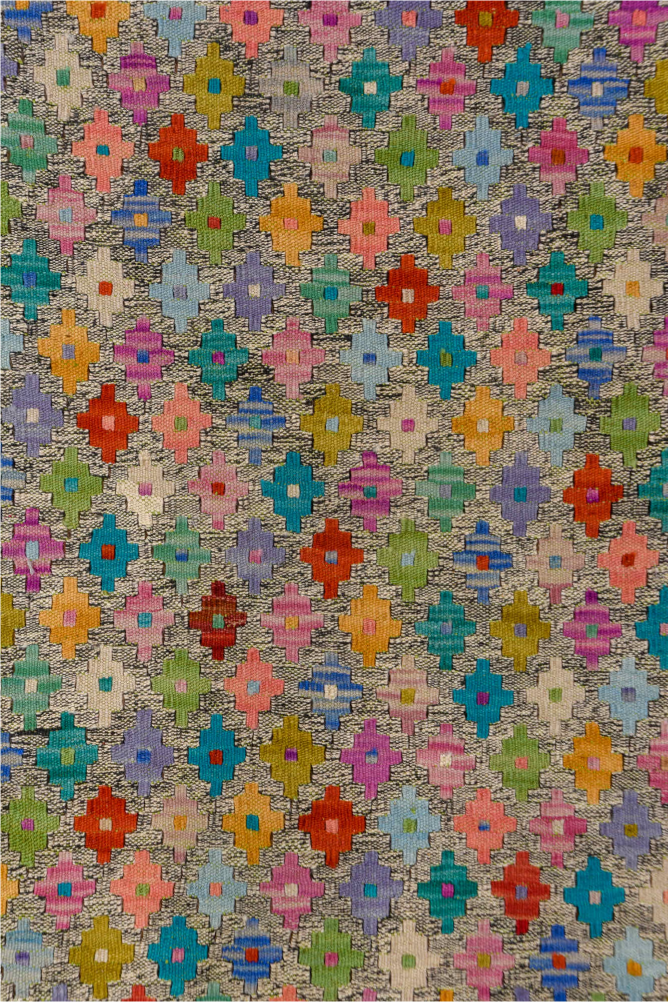 6' x 7' one-of-a-kind handmade vintage Kilim rug. Color palette: blue, brown, dark cyan, gray, green, orange, peru, pink