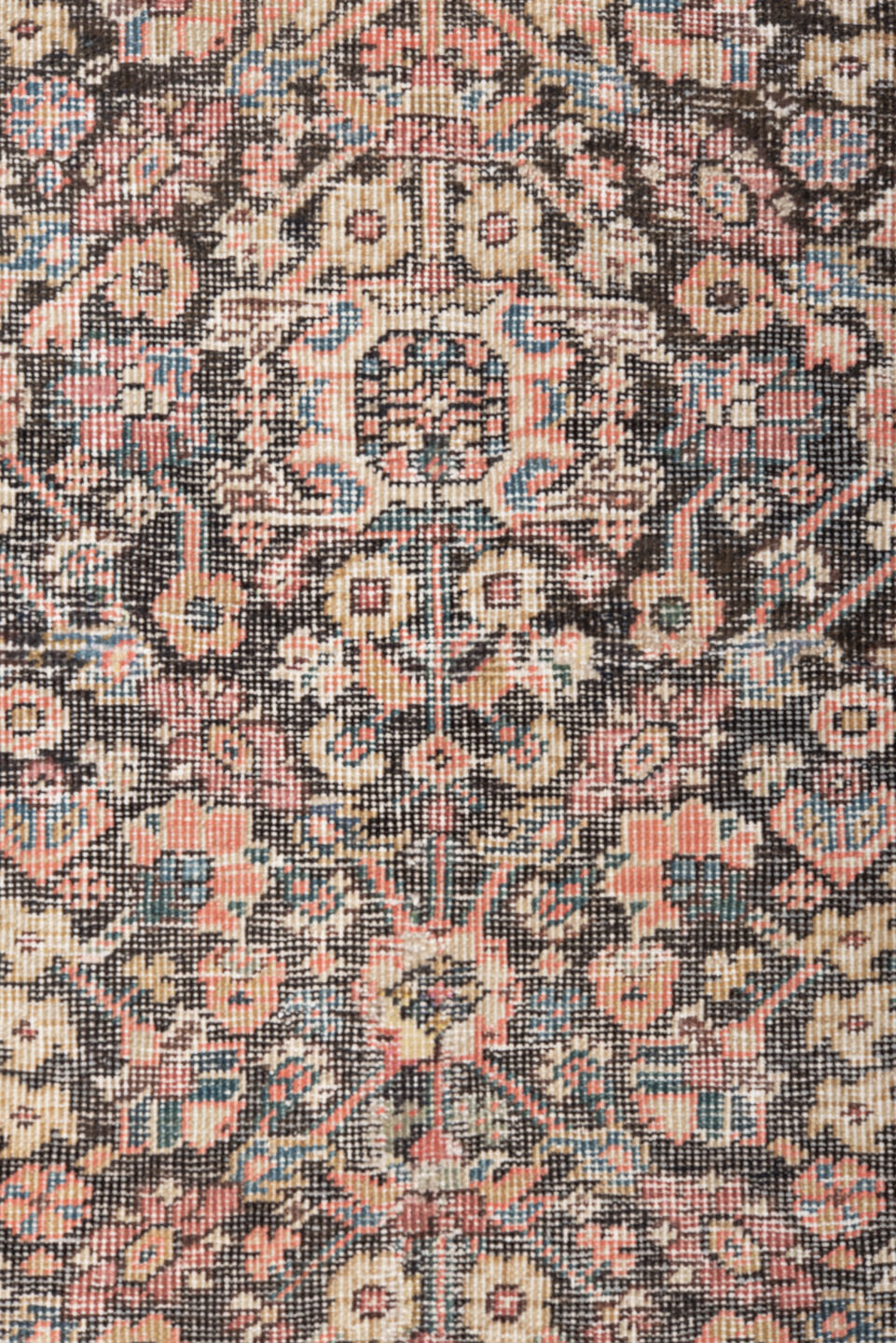 4' x 6' one-of-a-kind handmade vintage Farahan small size rug. Color palette: brown, gray, pink, light gray, off-white