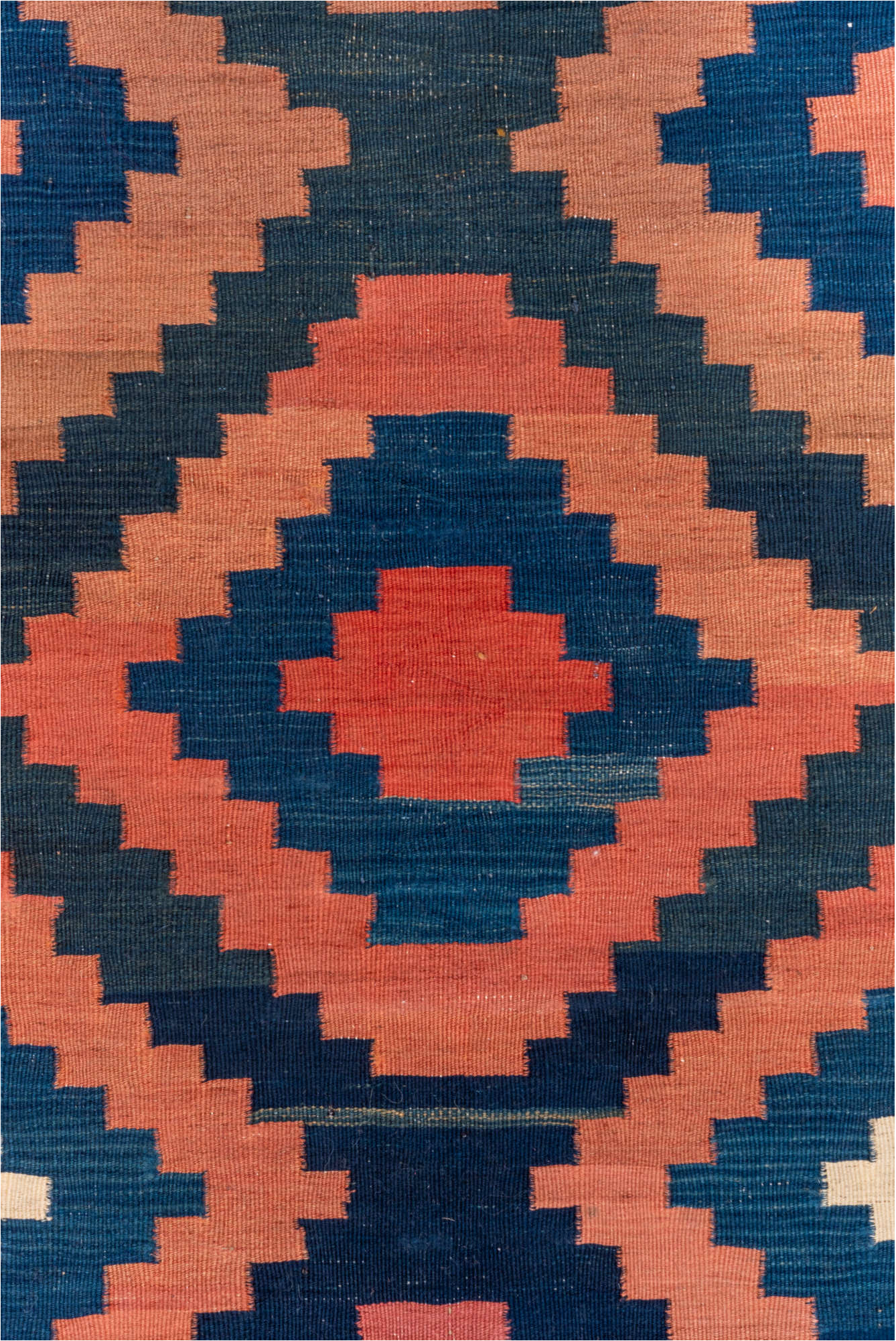 4' x 10' one-of-a-kind handmade vintage Kilim runner rug. Color palette: blue, brown, gray, off-white, orange, pink, red