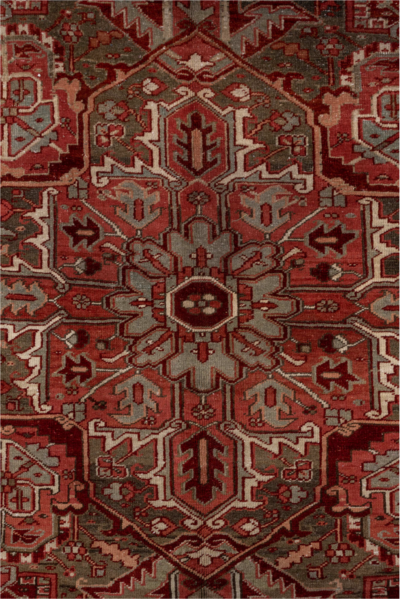 8' x 12' one-of-a-kind handmade vintage Heriz large size rug. Color palette: brown, gray, light gray, pink, red