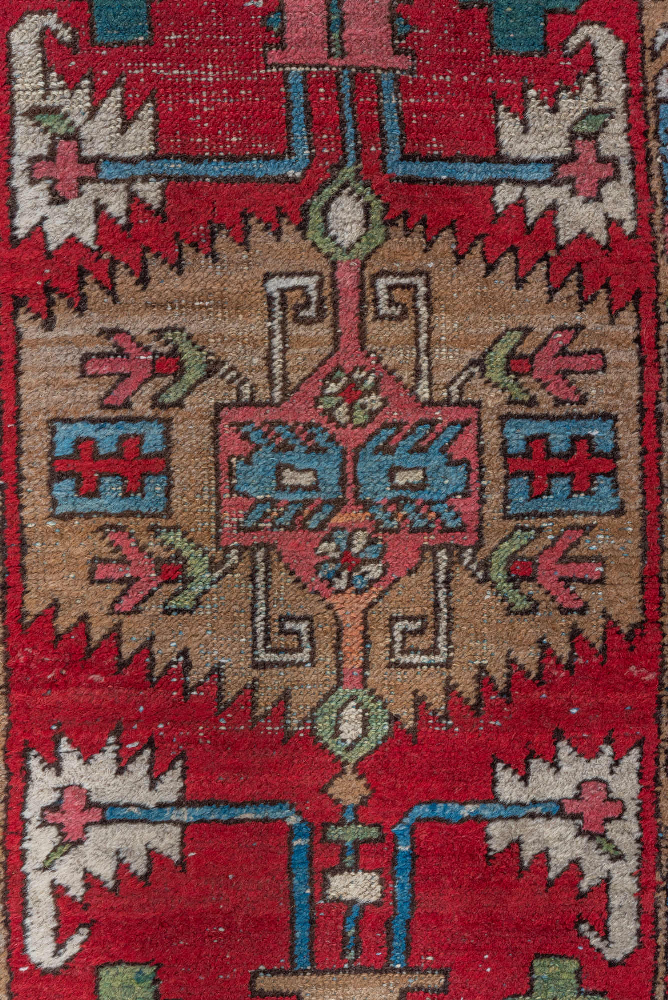 3' x 7' one-of-a-kind handmade vintage Heriz runner rug. Color palette: arapawa, blue, brown, dark gray, gray, pink, red