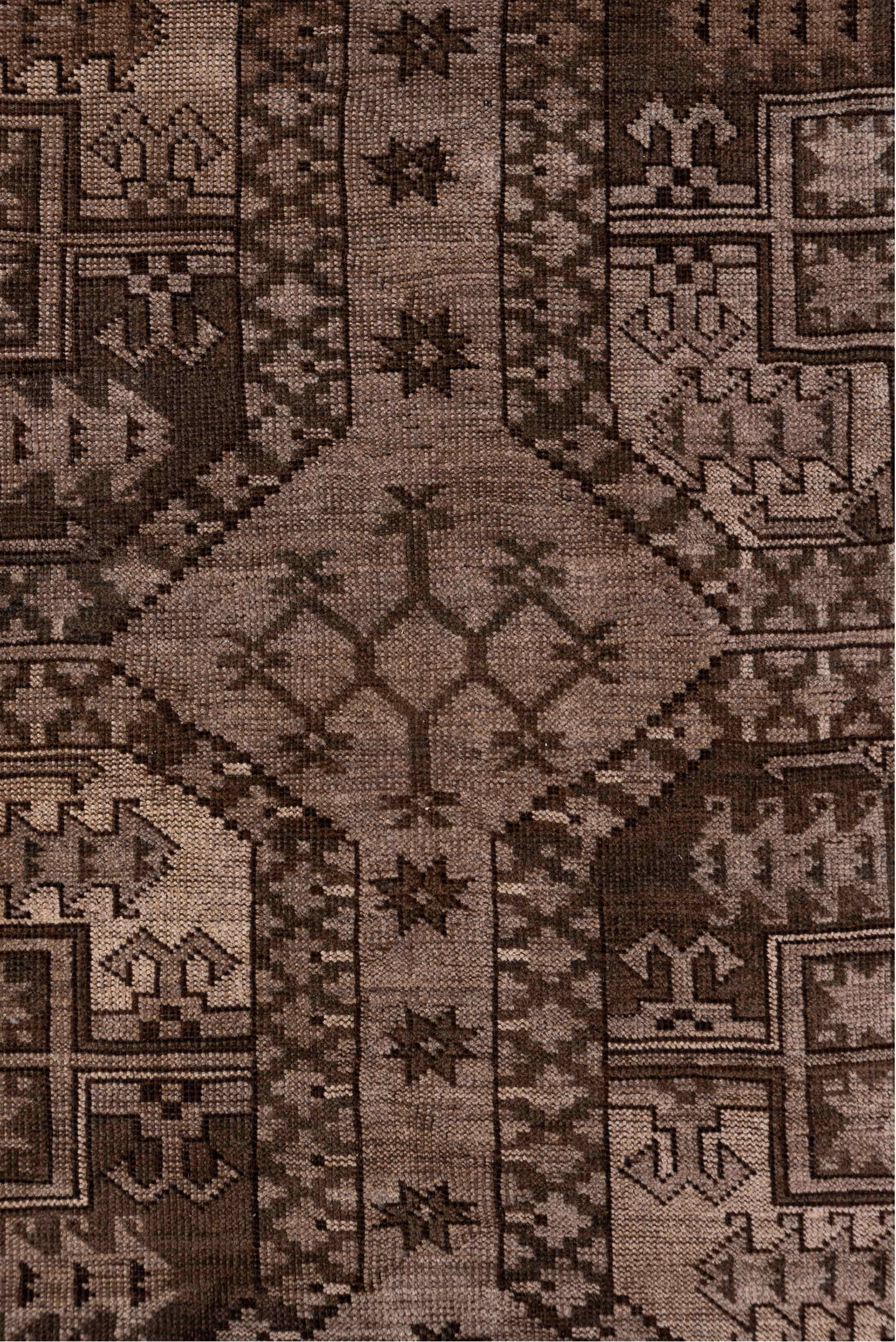 6' x 9' one-of-a-kind handmade vintage Afghan medium size rug. Color palette: gray, pink, brown, light gray, off-white