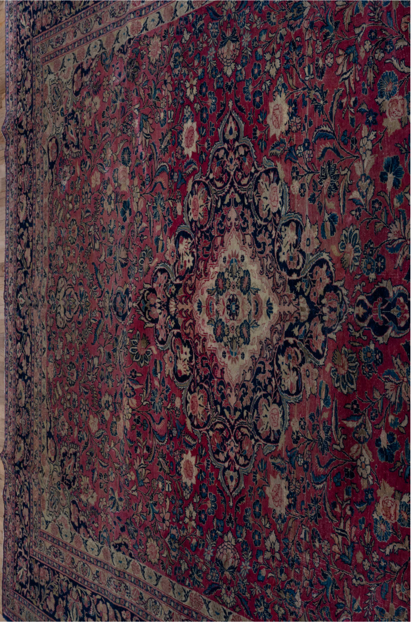 8' x 11' one-of-a-kind handmade vintage Kazvin large size rug. Color palette: blue, brown, gray, off-white, pink, red, snow